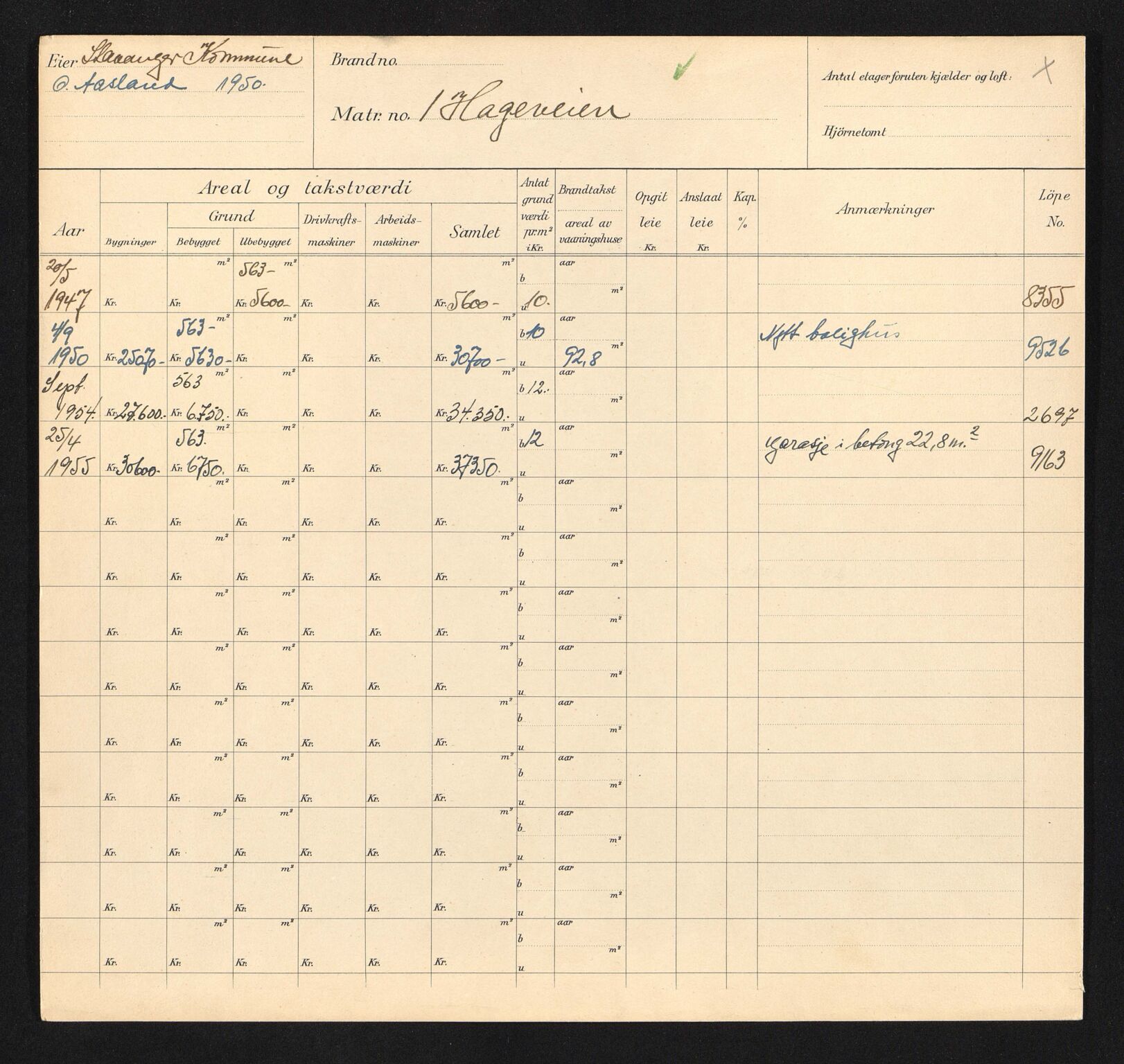 Stavanger kommune. Skattetakstvesenet, BYST/A-0440/F/Fa/Faa/L0016/0001: Skattetakstkort / Hageveien 1 - Halfdan Kjerufs vei 16