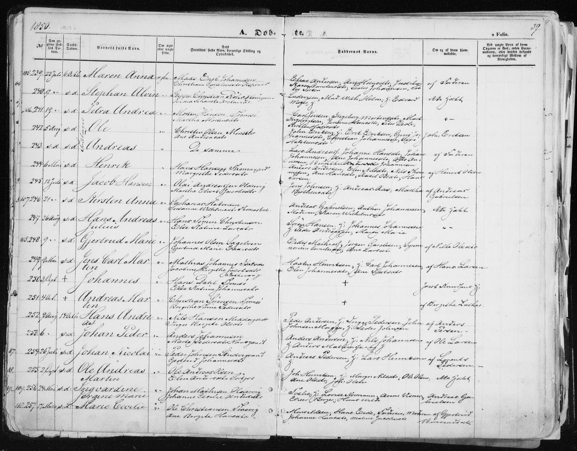 Tromsø sokneprestkontor/stiftsprosti/domprosti, SATØ/S-1343/G/Ga/L0010kirke: Parish register (official) no. 10, 1848-1855, p. 39