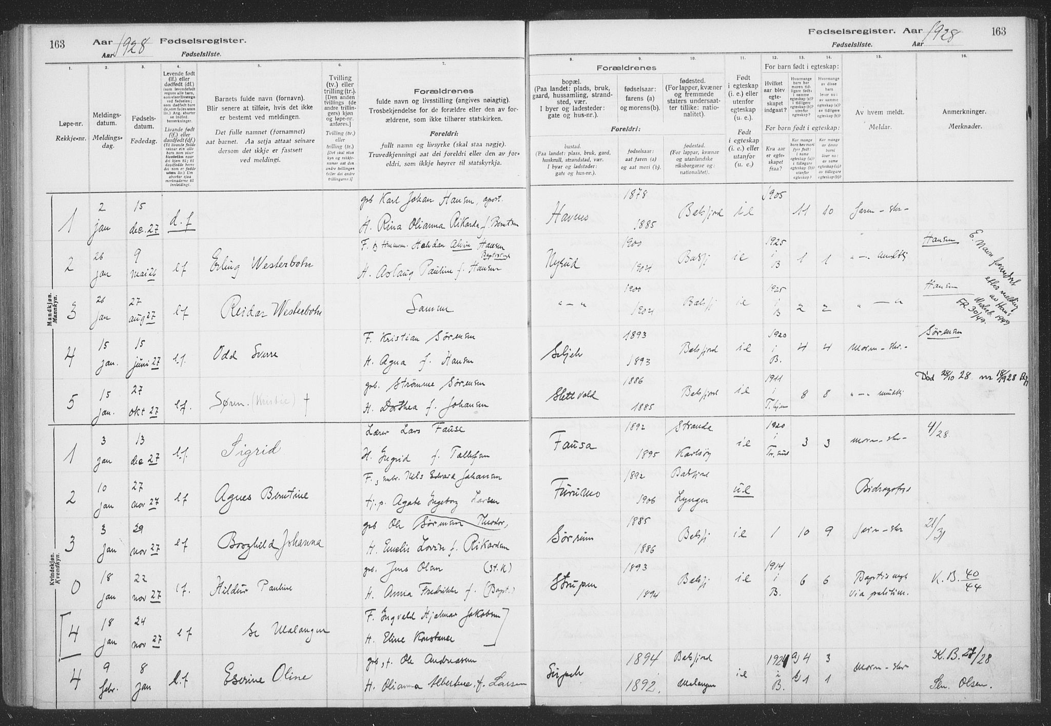 Balsfjord sokneprestembete, SATØ/S-1303/H/Hb/L0059: Birth register no. 59, 1916-1930, p. 163