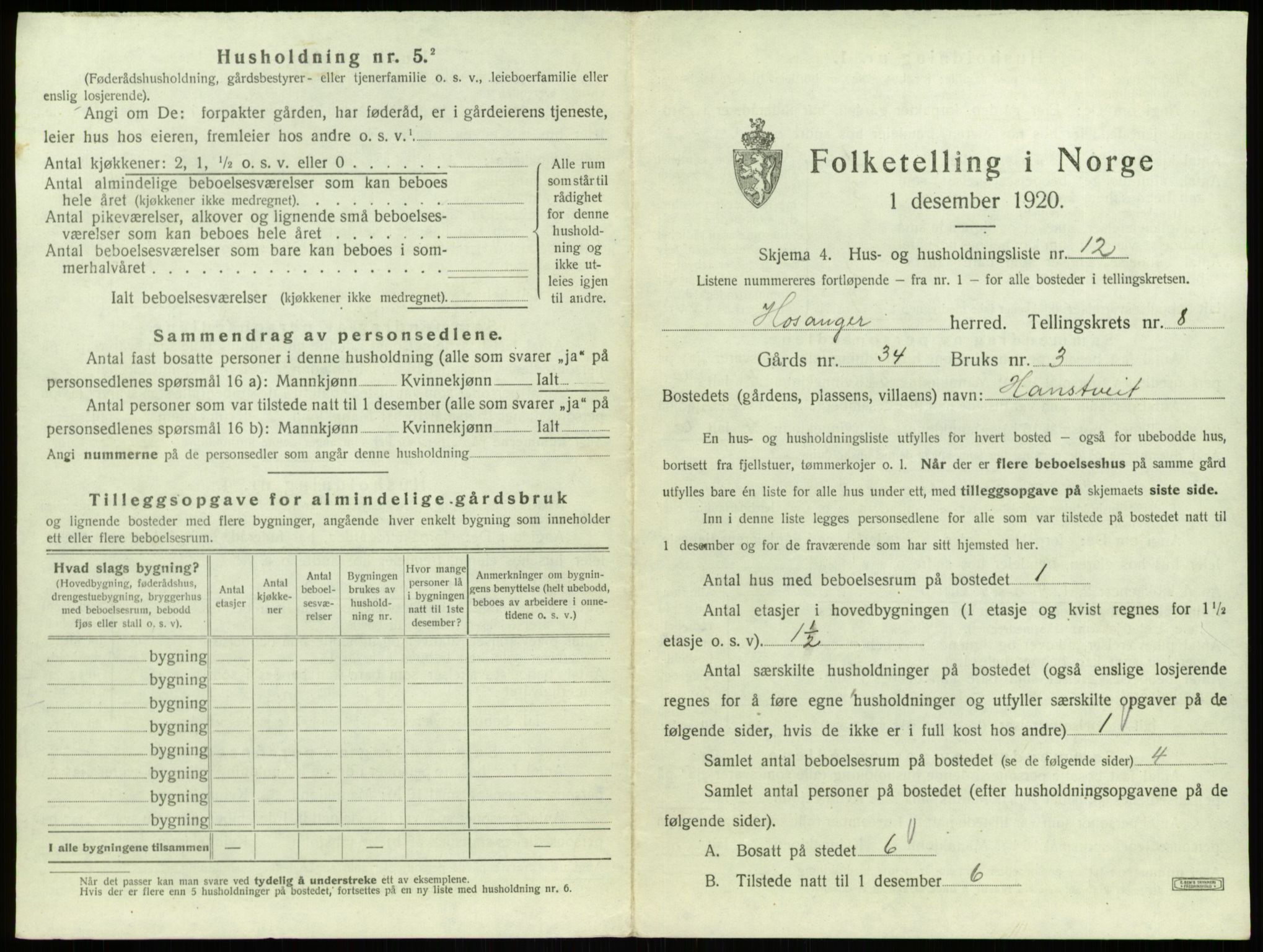 SAB, 1920 census for Hosanger, 1920, p. 448