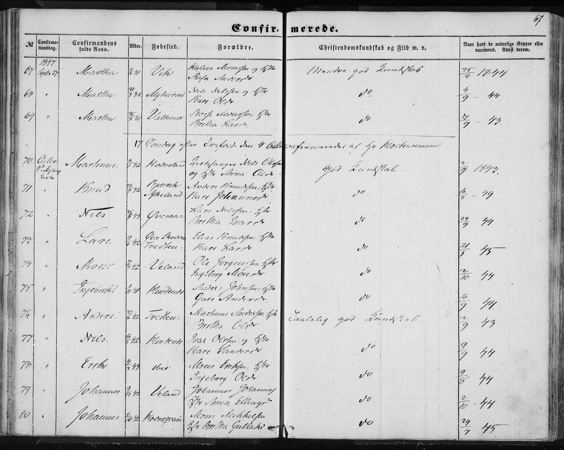 Lindås Sokneprestembete, AV/SAB-A-76701/H/Haa/Haaa/L0013: Parish register (official) no. A 13, 1848-1862, p. 67