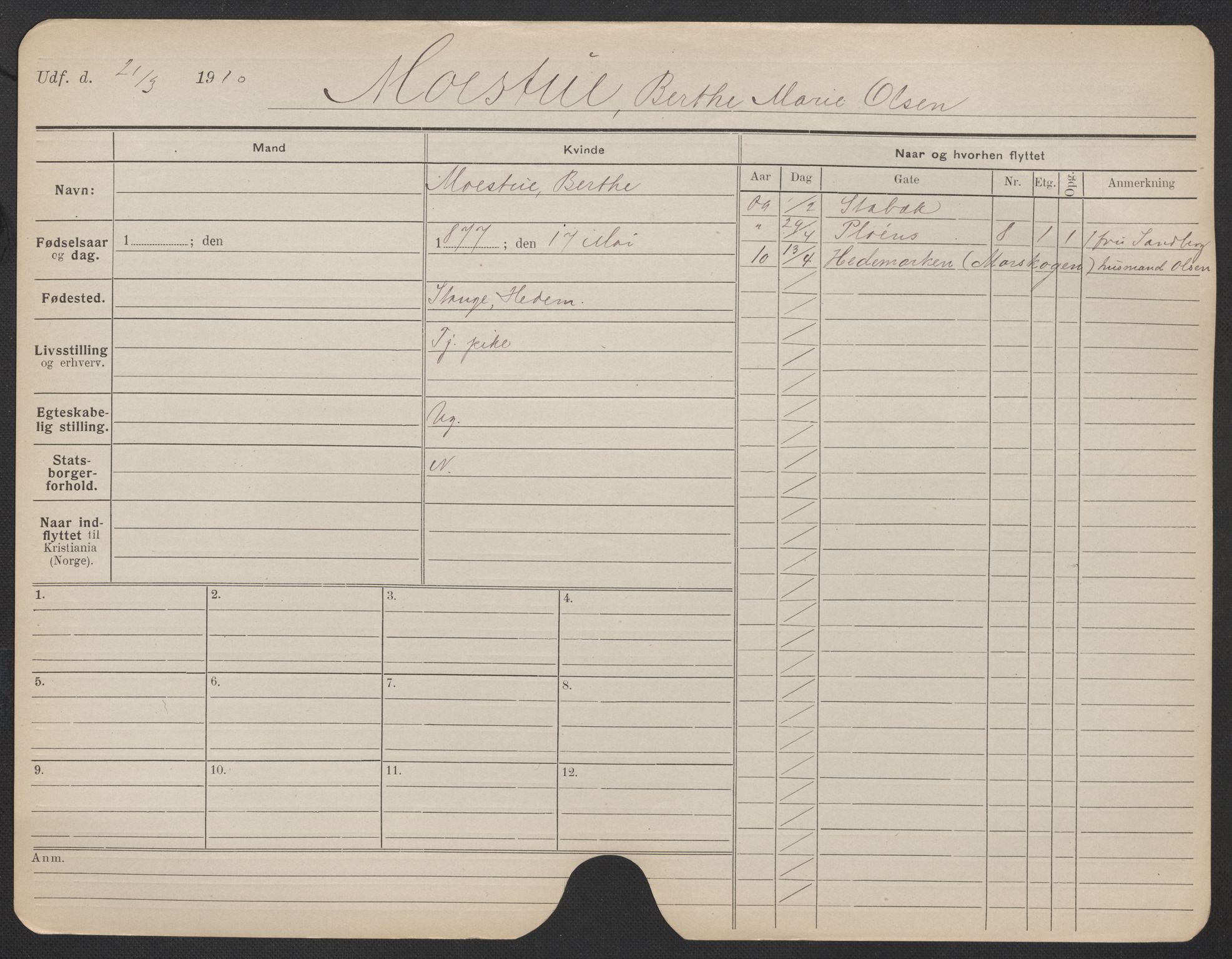 Oslo folkeregister, Registerkort, AV/SAO-A-11715/F/Fa/Fac/L0020: Kvinner, 1906-1914, p. 1082a