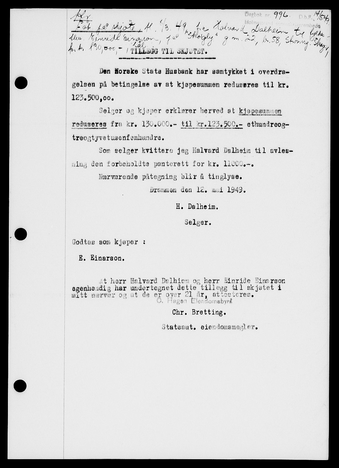 Holmestrand sorenskriveri, SAKO/A-67/G/Ga/Gaa/L0066: Mortgage book no. A-66, 1949-1949, Diary no: : 996/1949