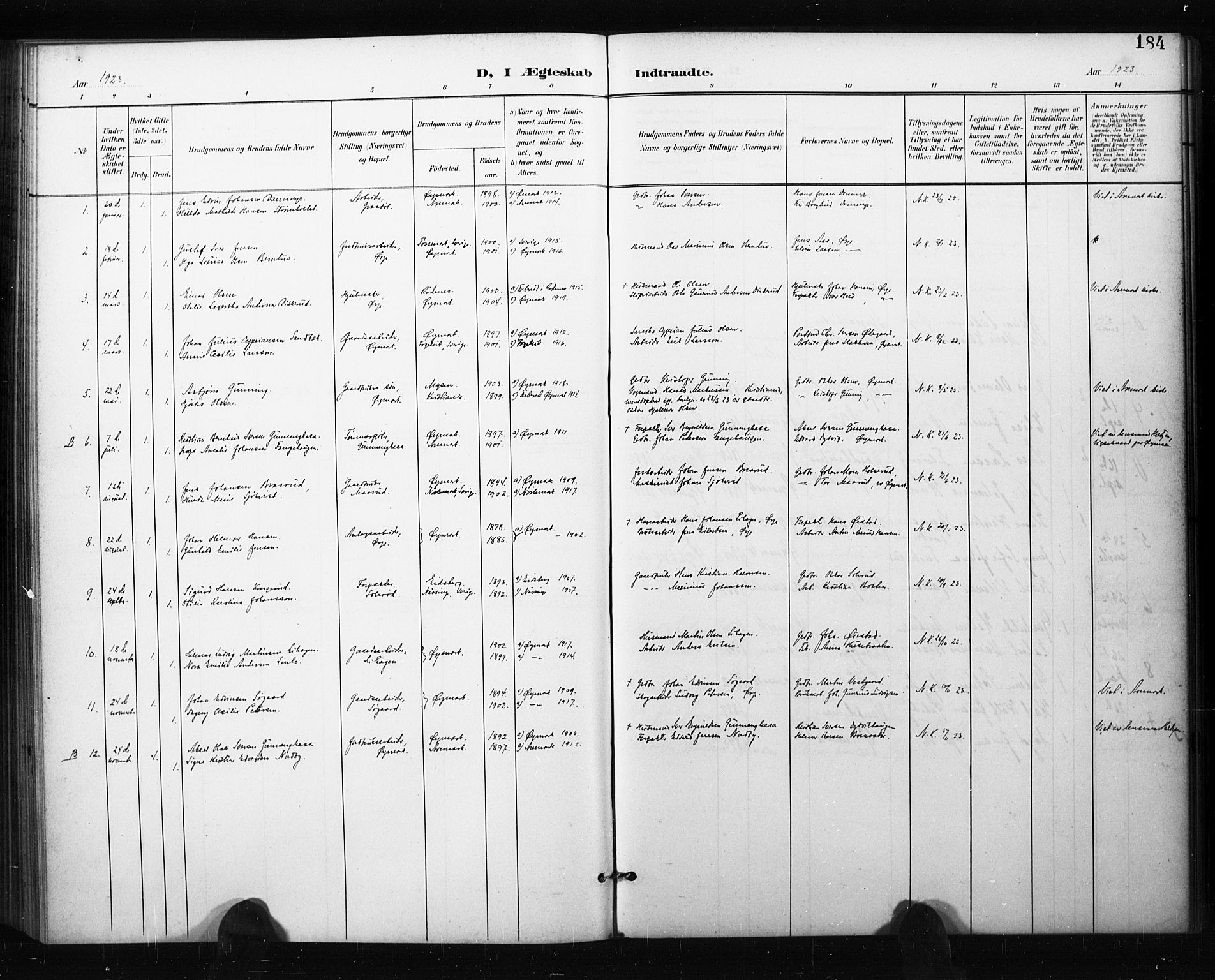 Aremark prestekontor Kirkebøker, AV/SAO-A-10899/G/Gb/L0001: Parish register (copy) no. II 1, 1901-1927, p. 184