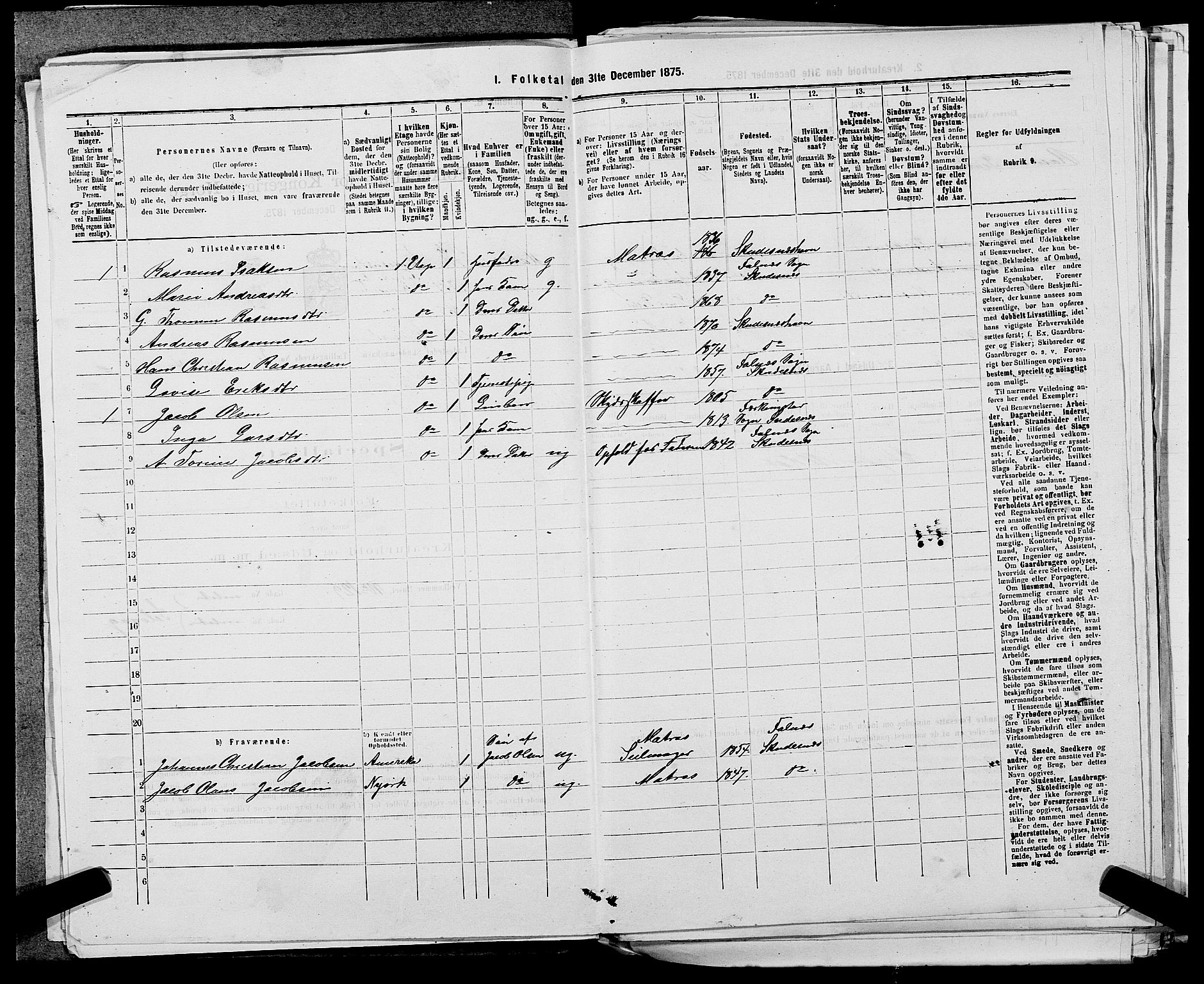 SAST, 1875 census for 1104B Skudenes/Skudeneshavn, 1875, p. 262