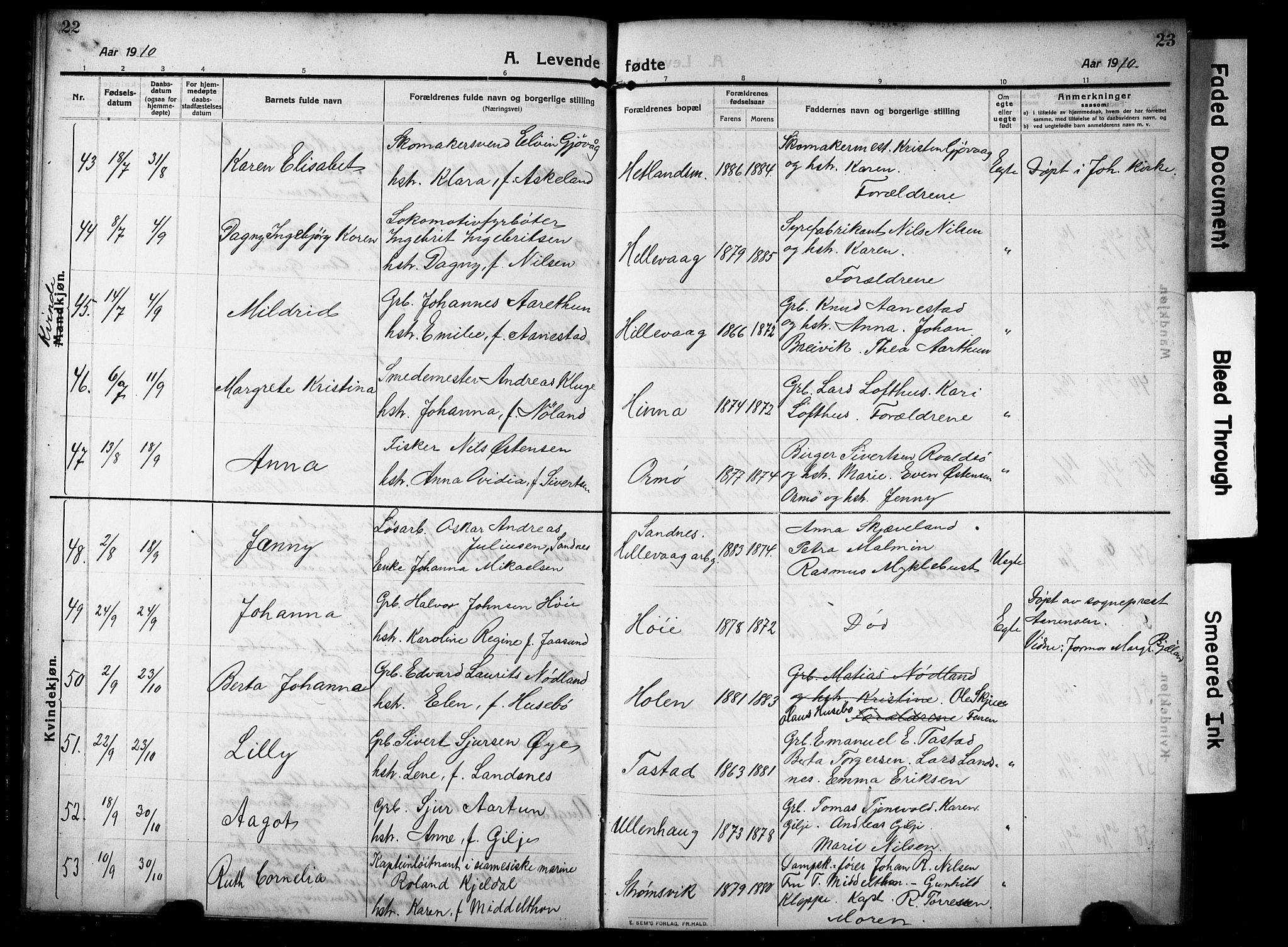 Hetland sokneprestkontor, AV/SAST-A-101826/30/30BB/L0008: Parish register (copy) no. B 8, 1910-1921, p. 22-23