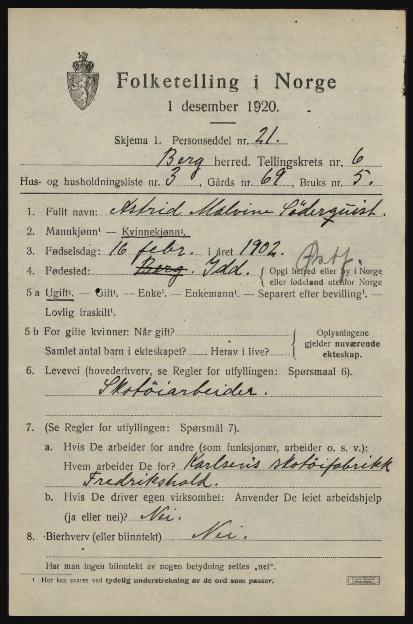 SAO, 1920 census for Berg, 1920, p. 9685