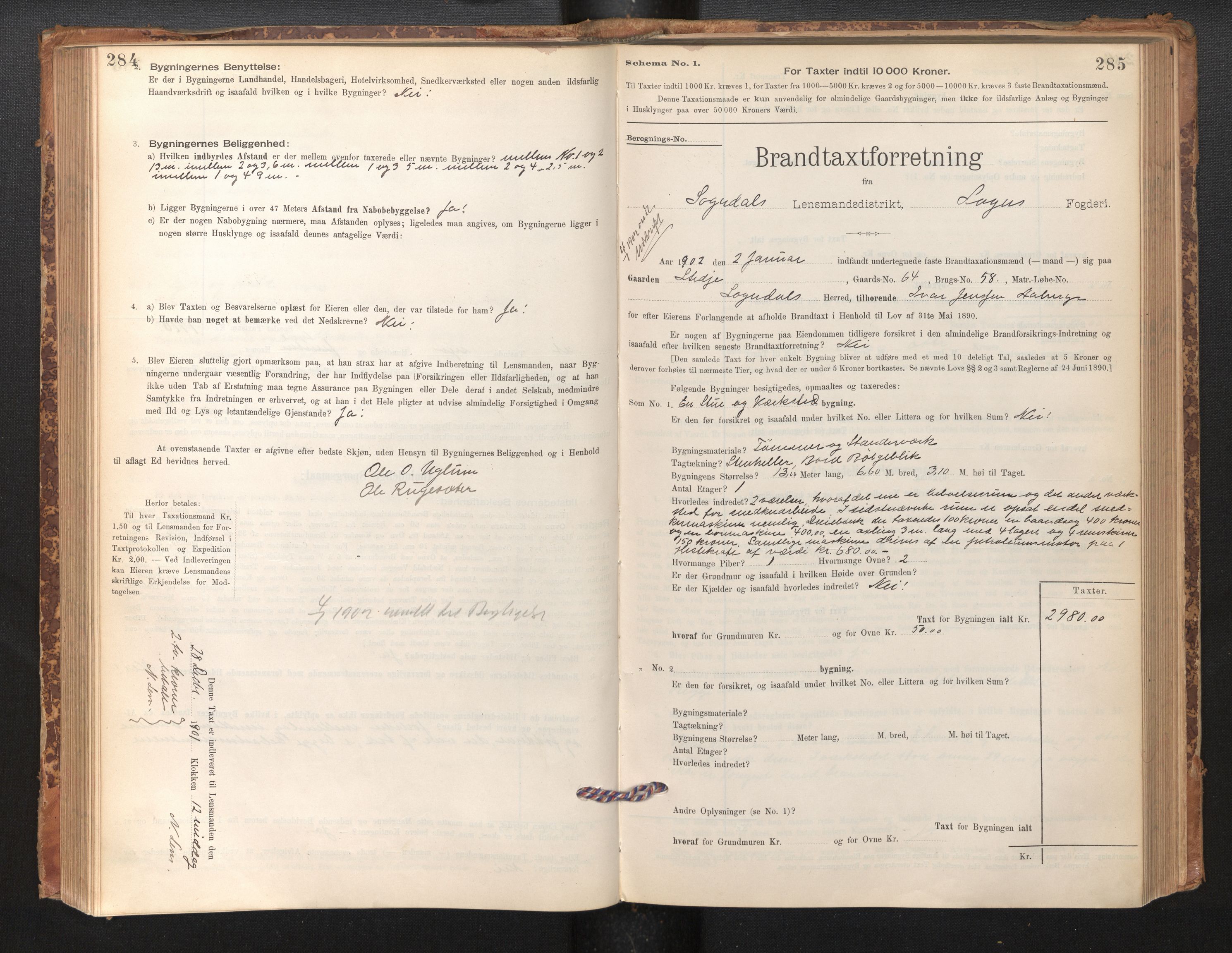 Lensmannen i Sogndal, SAB/A-29901/0012/L0008: Branntakstprotokoll, skjematakst, 1895-1906, p. 284-285