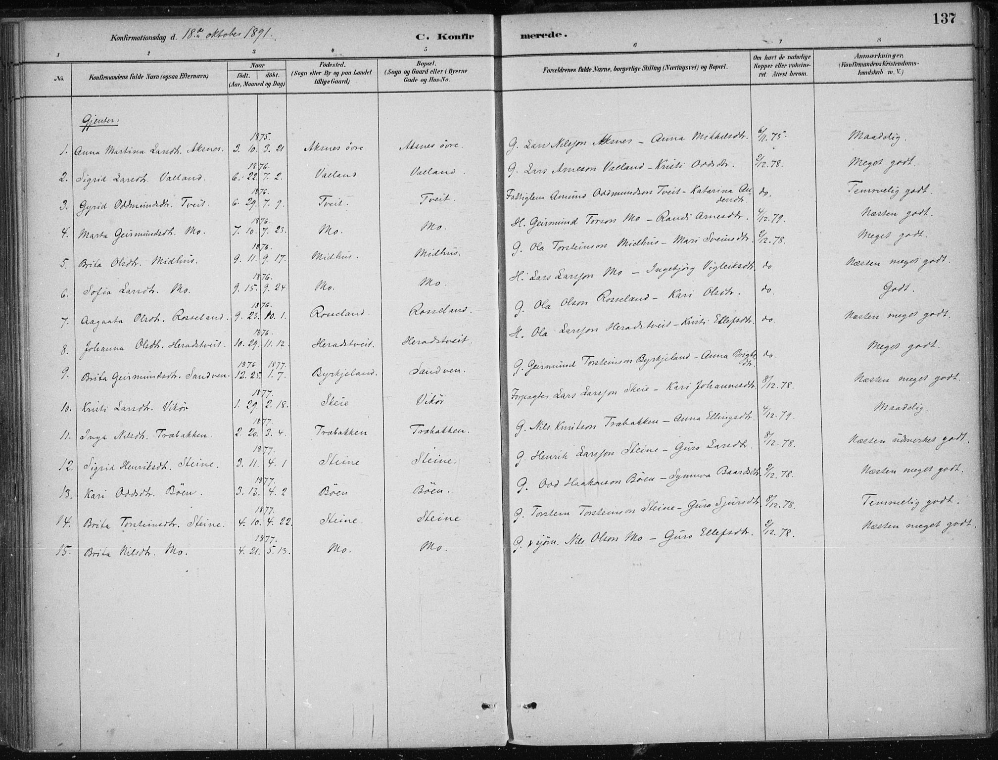 Kvam sokneprestembete, AV/SAB-A-76201/H/Haa: Parish register (official) no. B  1, 1880-1908, p. 137