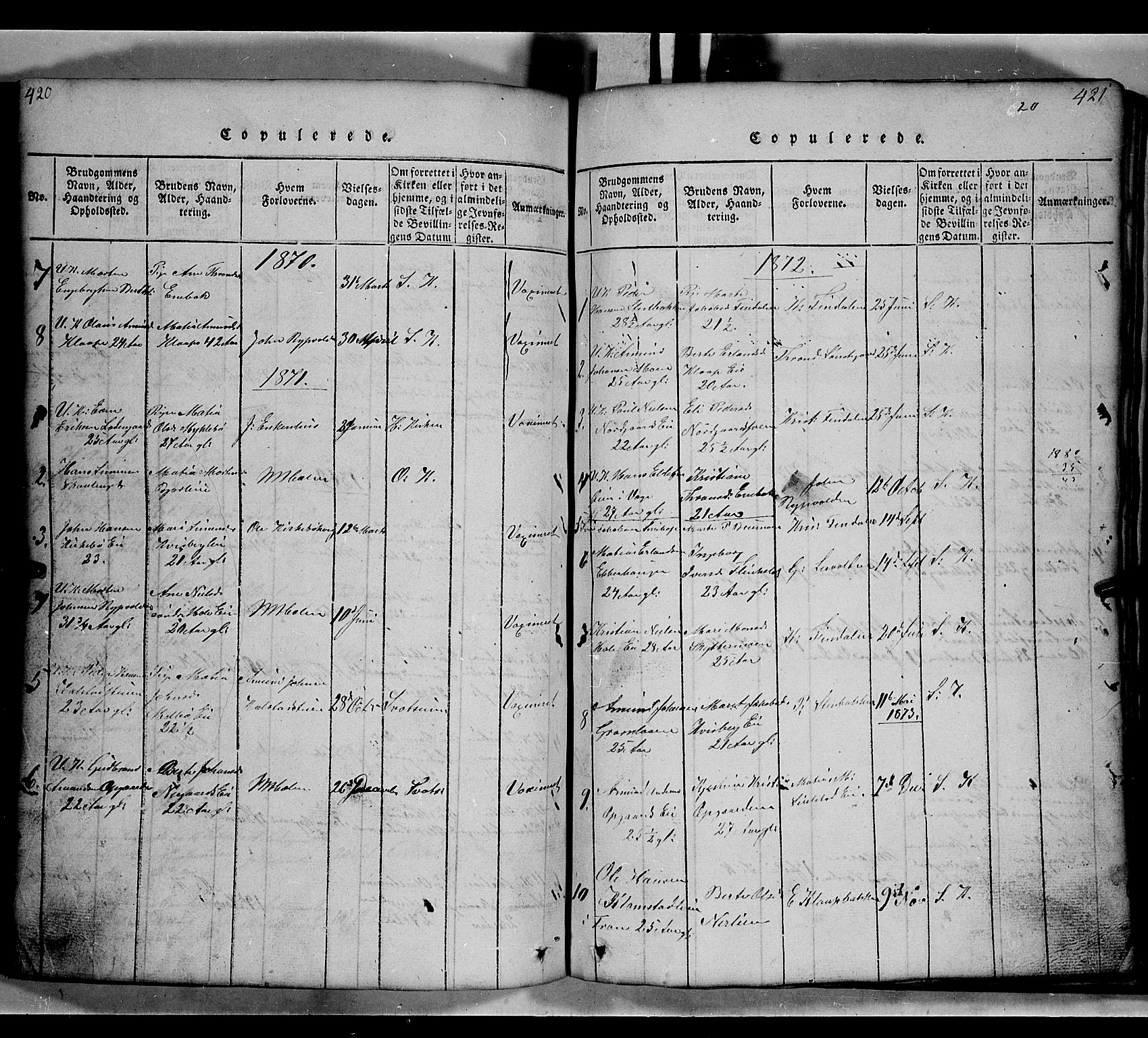 Gausdal prestekontor, SAH/PREST-090/H/Ha/Hab/L0002: Parish register (copy) no. 2, 1818-1874, p. 420-421