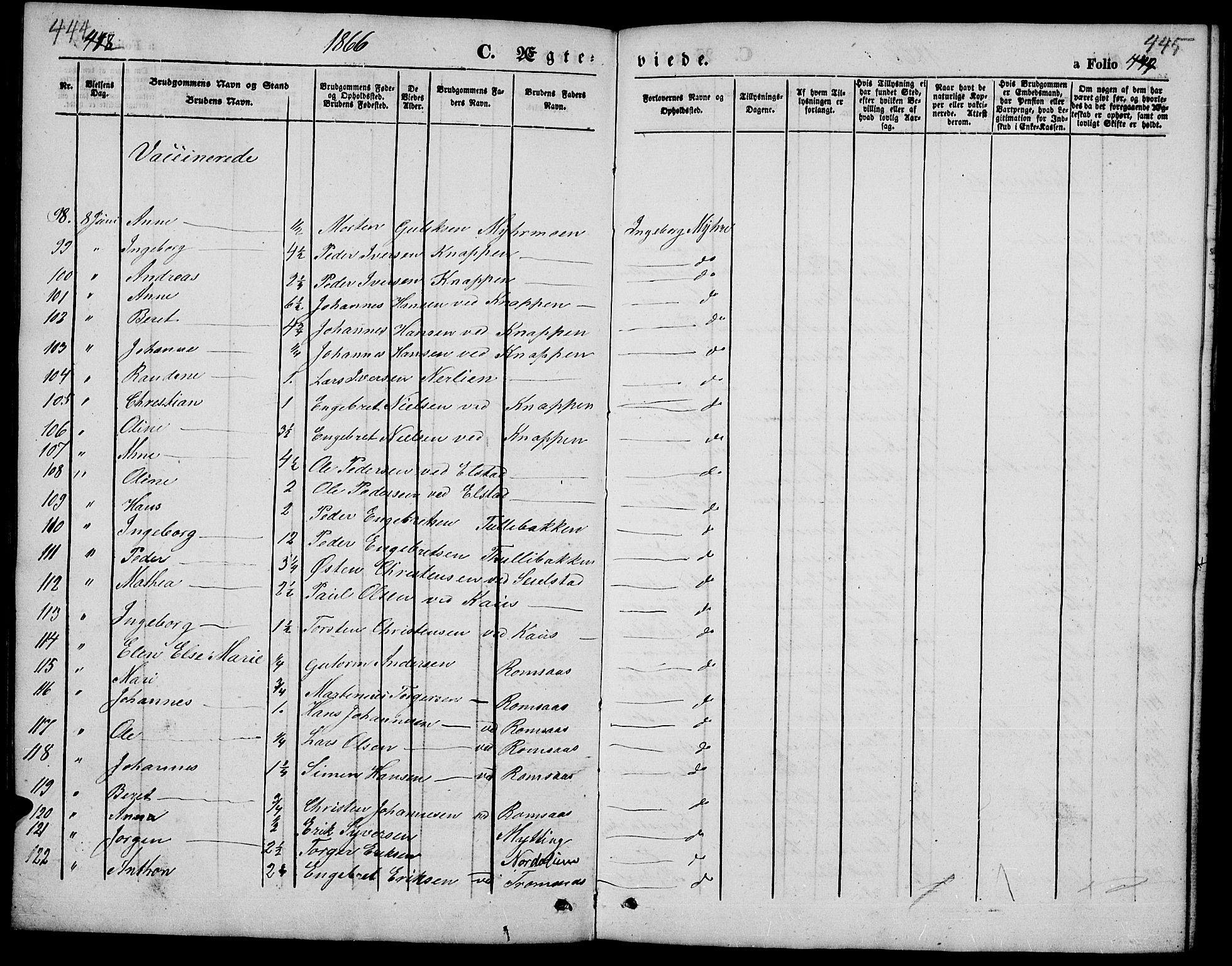 Ringebu prestekontor, SAH/PREST-082/H/Ha/Hab/L0003: Parish register (copy) no. 3, 1854-1866, p. 444-445