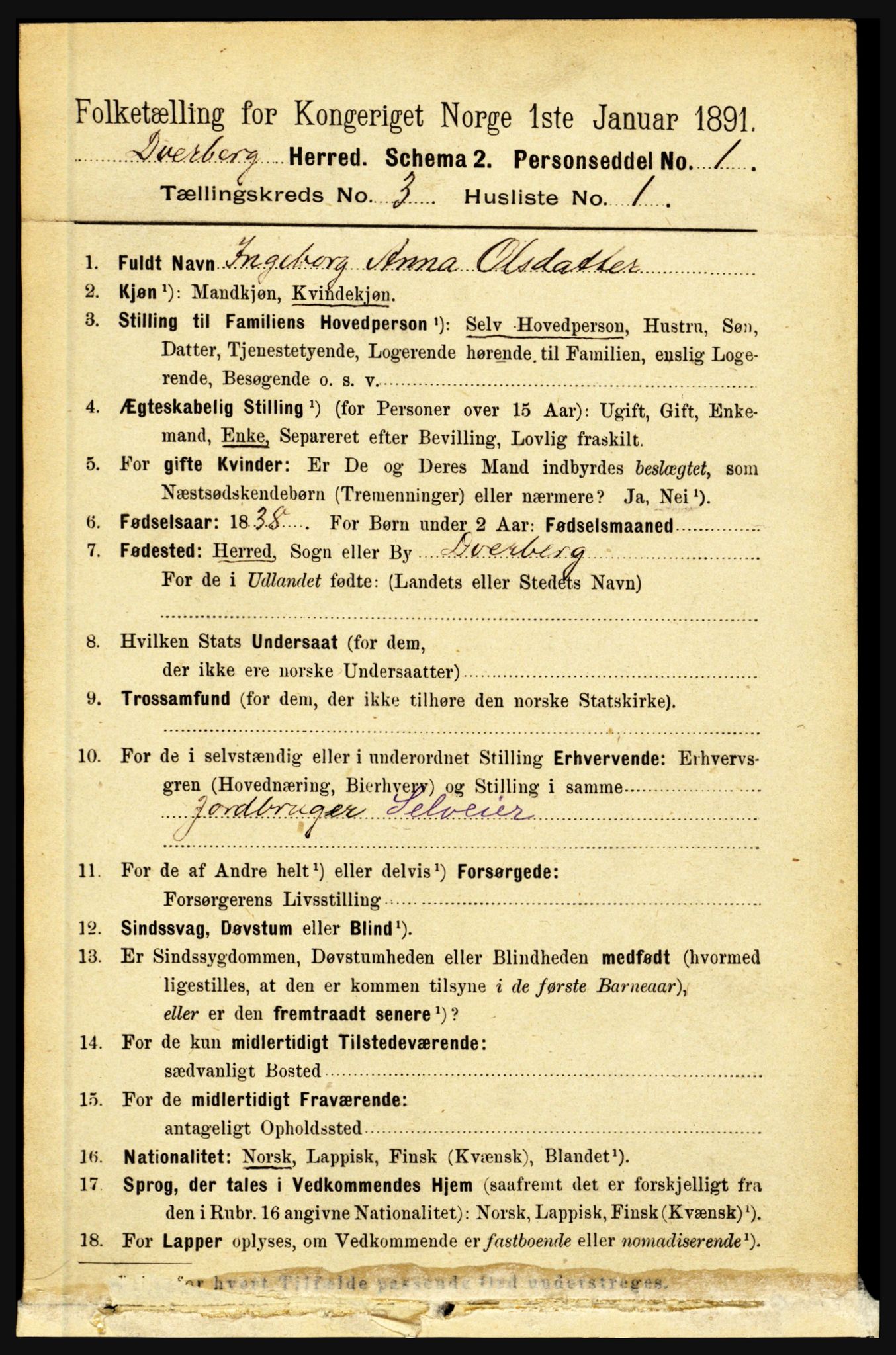 RA, 1891 census for 1872 Dverberg, 1891, p. 935