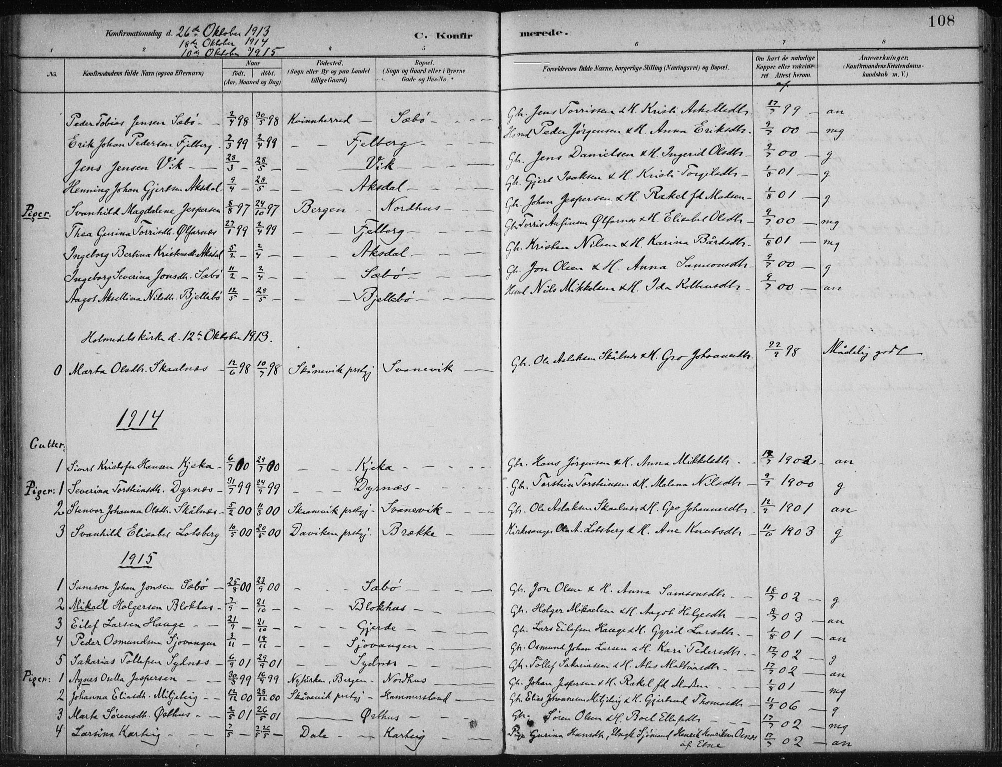 Fjelberg sokneprestembete, SAB/A-75201/H/Haa: Parish register (official) no. B  1, 1879-1919, p. 108