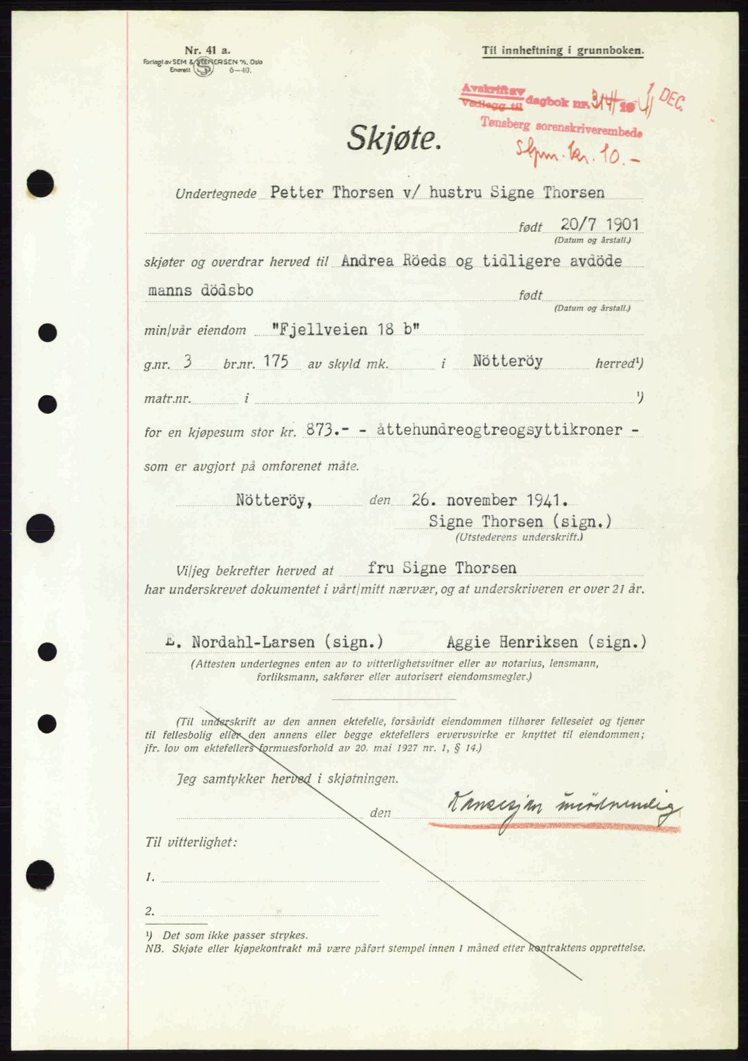 Tønsberg sorenskriveri, AV/SAKO-A-130/G/Ga/Gaa/L0010: Mortgage book no. A10, 1941-1941, Diary no: : 3141/1941