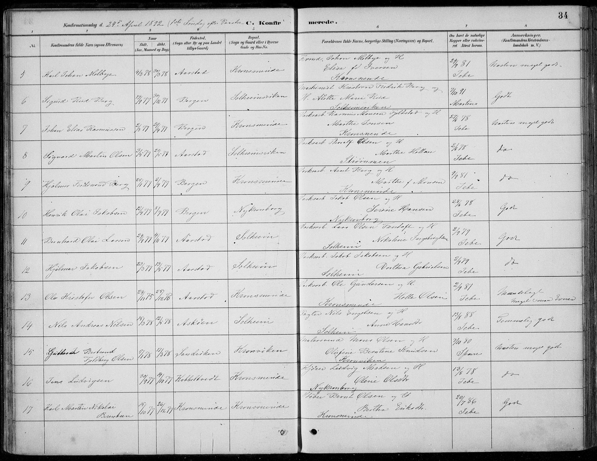 Årstad Sokneprestembete, AV/SAB-A-79301/H/Haa/L0006: Parish register (official) no. B 1, 1886-1901, p. 34