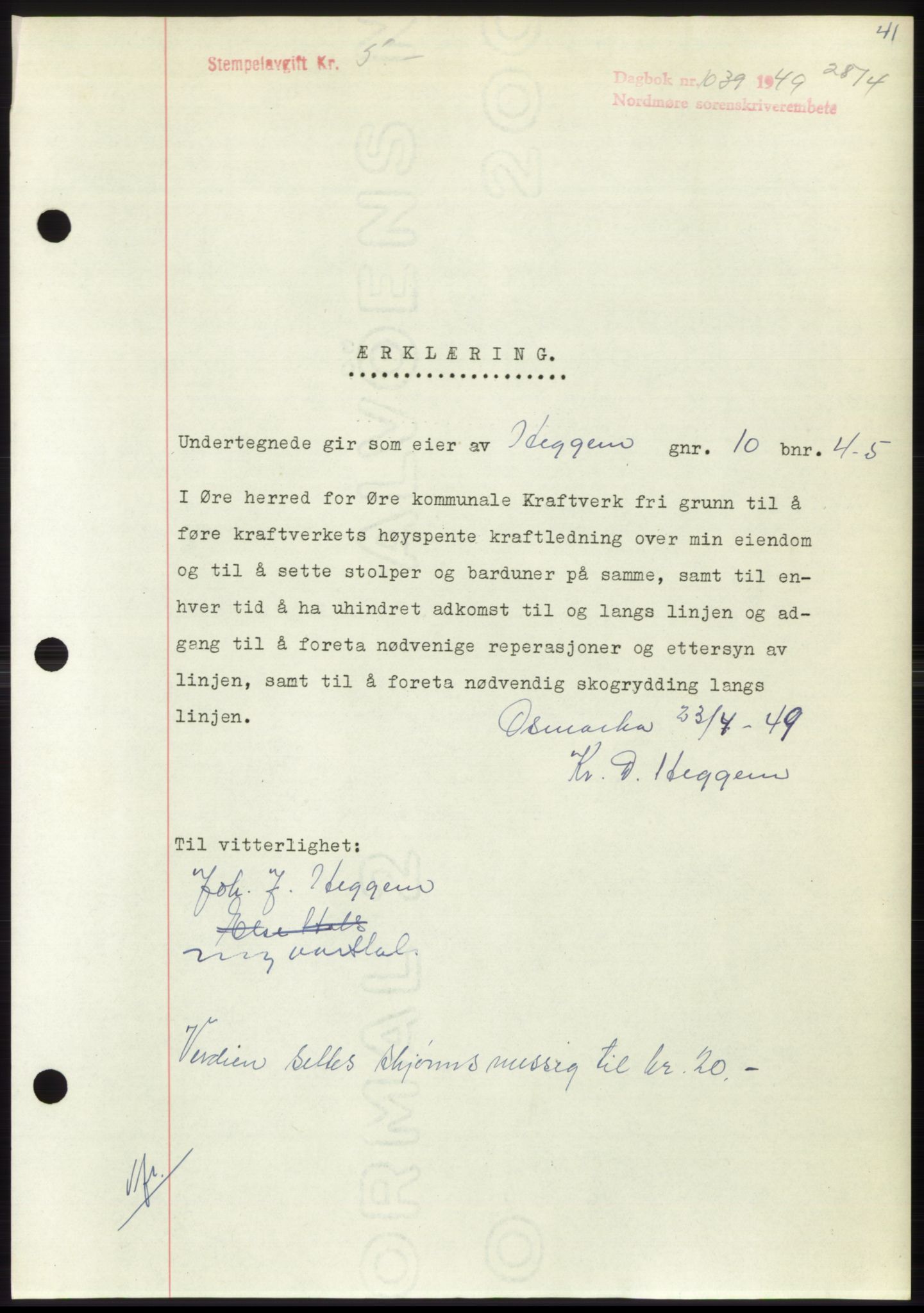 Nordmøre sorenskriveri, AV/SAT-A-4132/1/2/2Ca: Mortgage book no. B101, 1949-1949, Diary no: : 1039/1949