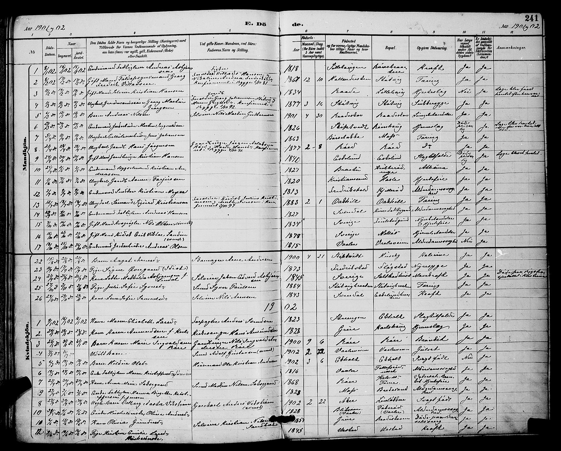 Rygge prestekontor Kirkebøker, AV/SAO-A-10084b/G/Ga/L0002: Parish register (copy) no. 2, 1887-1905, p. 241