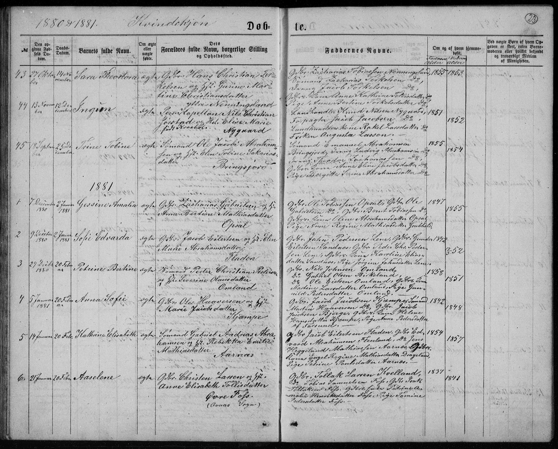 Lyngdal sokneprestkontor, AV/SAK-1111-0029/F/Fb/Fbc/L0004: Parish register (copy) no. B 4, 1878-1896, p. 23