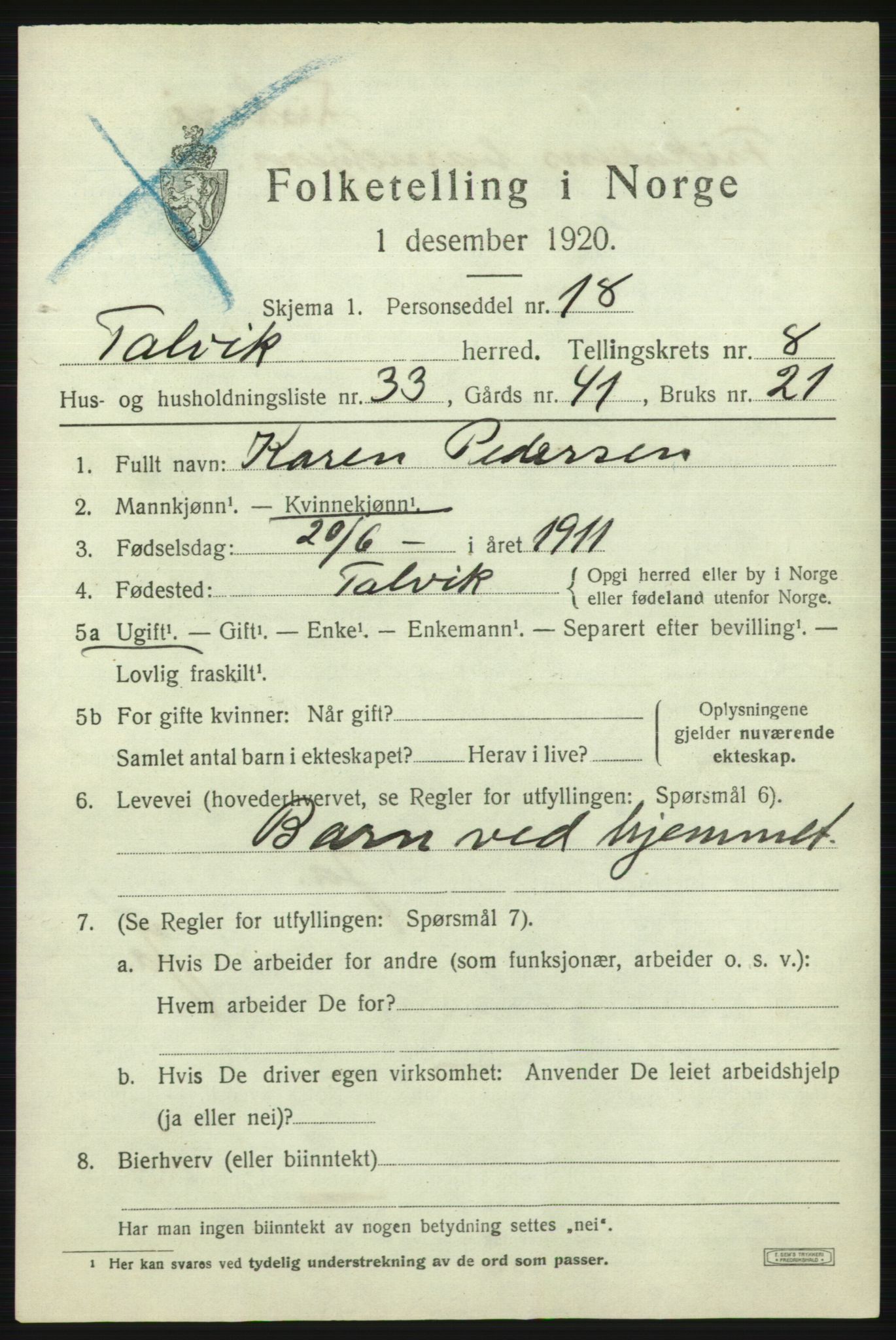 SATØ, 1920 census for Talvik, 1920, p. 5368