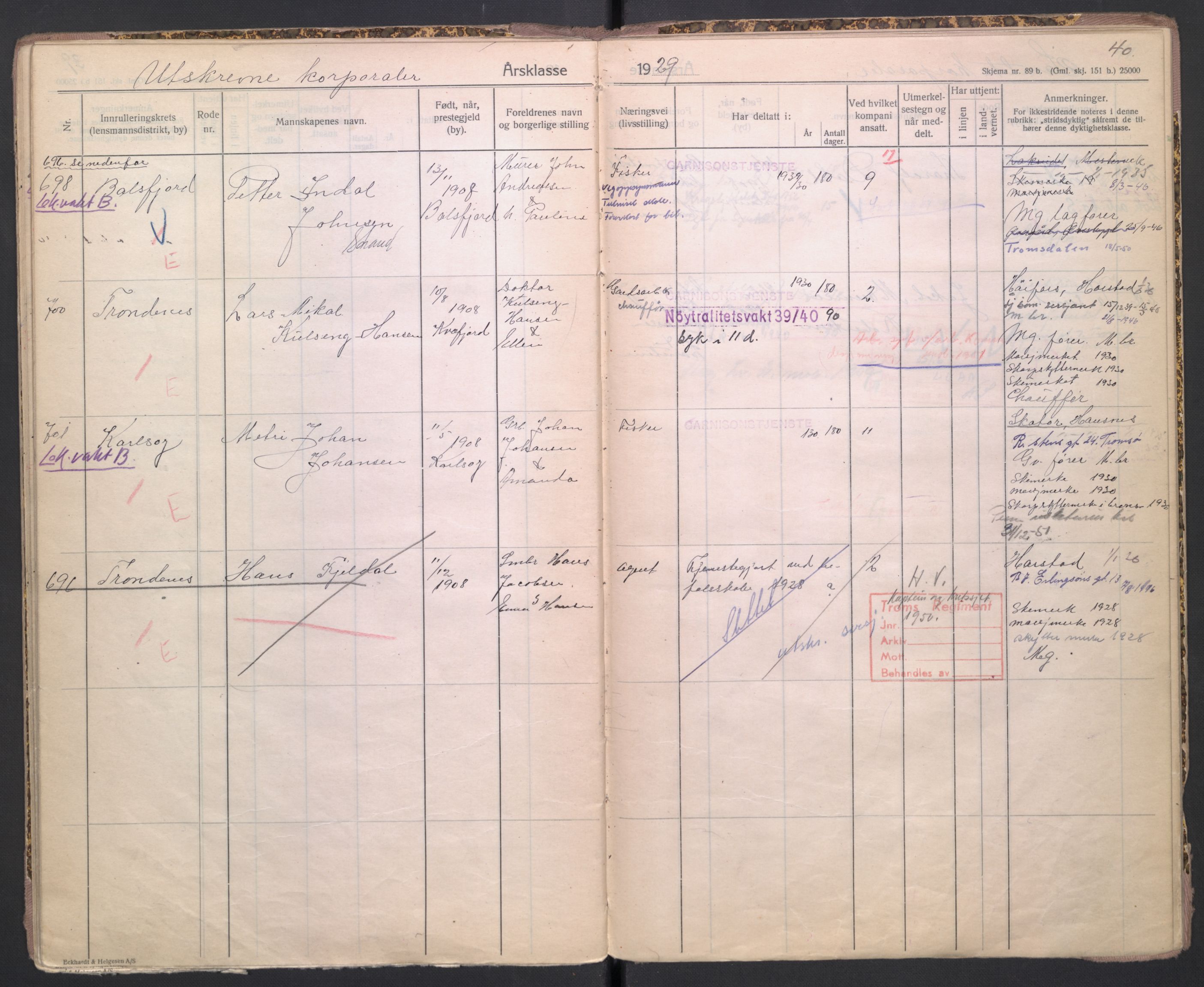 Forsvaret, Troms infanteriregiment nr. 16, AV/RA-RAFA-3146/P/Pa/L0004/0009: Ruller / Rulle for Trondenes bataljons menige mannskaper, årsklasse 1929, 1929, p. 40