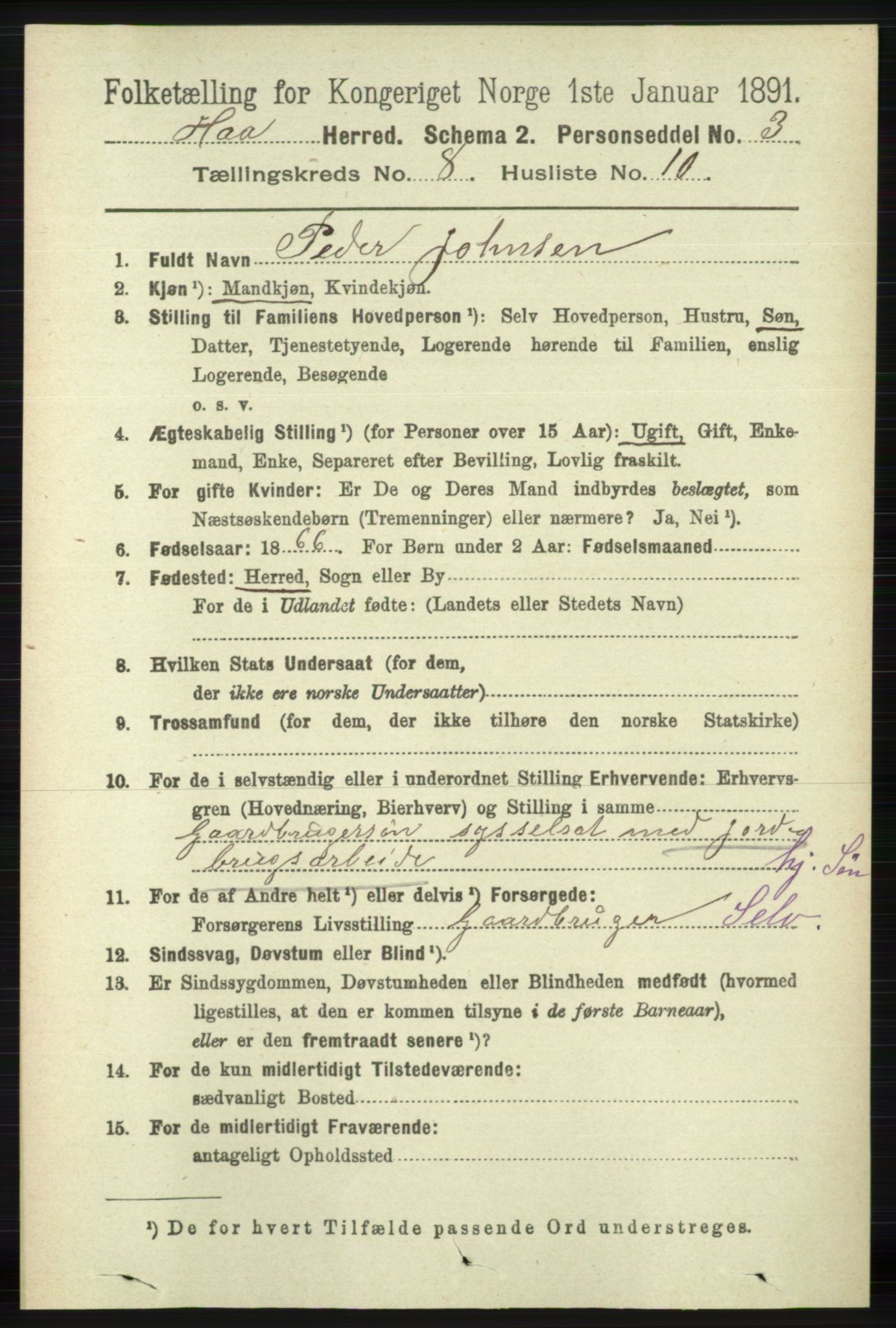 RA, 1891 census for 1119 Hå, 1891, p. 2110