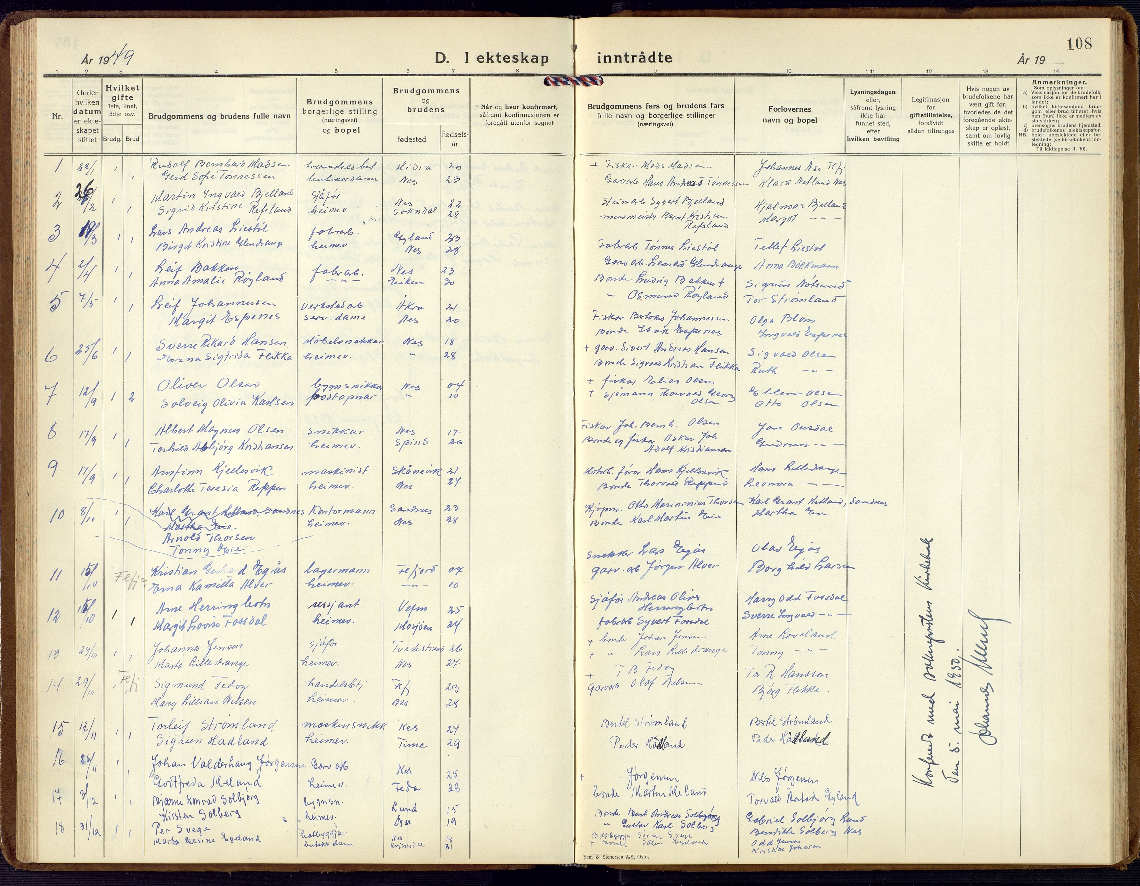 Flekkefjord sokneprestkontor, SAK/1111-0012/F/Fb/Fbc/L0009: Parish register (copy) no. B 9, 1932-1965, p. 108