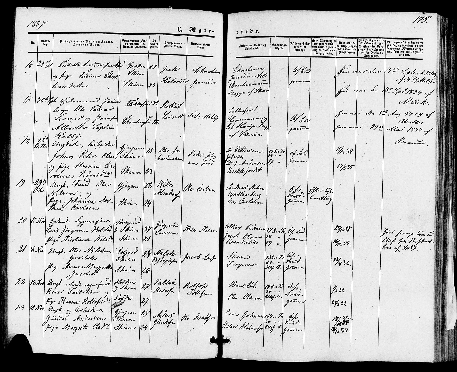 Skien kirkebøker, AV/SAKO-A-302/F/Fa/L0007: Parish register (official) no. 7, 1856-1865, p. 175