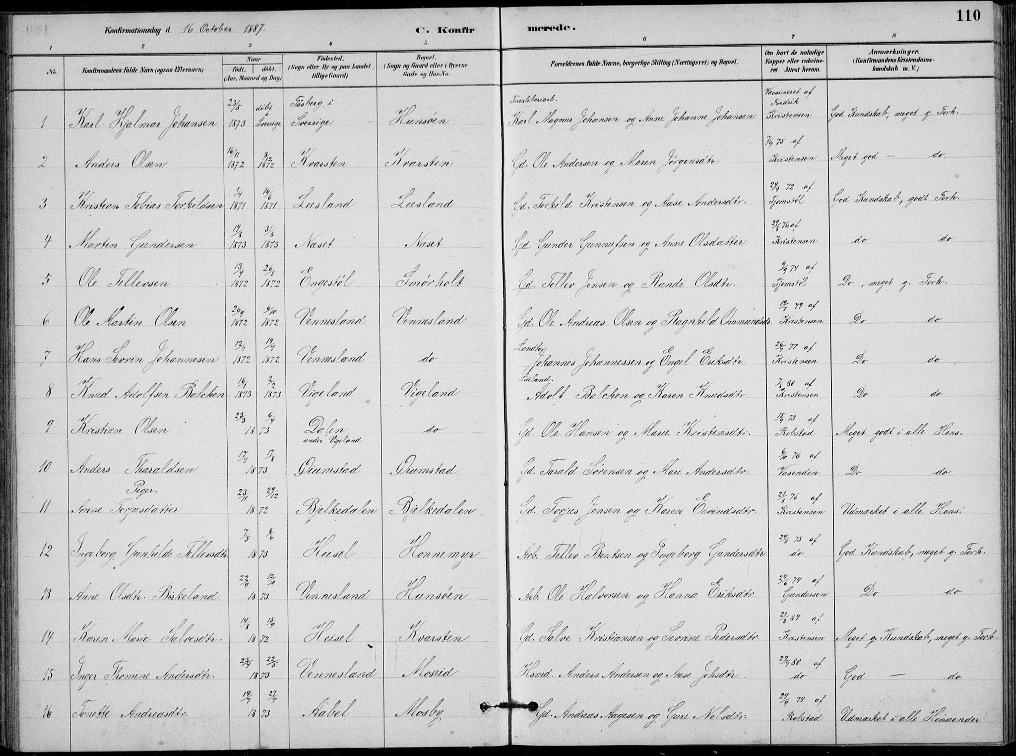 Vennesla sokneprestkontor, AV/SAK-1111-0045/Fb/Fbb/L0003: Parish register (copy) no. B 3, 1879-1893, p. 110