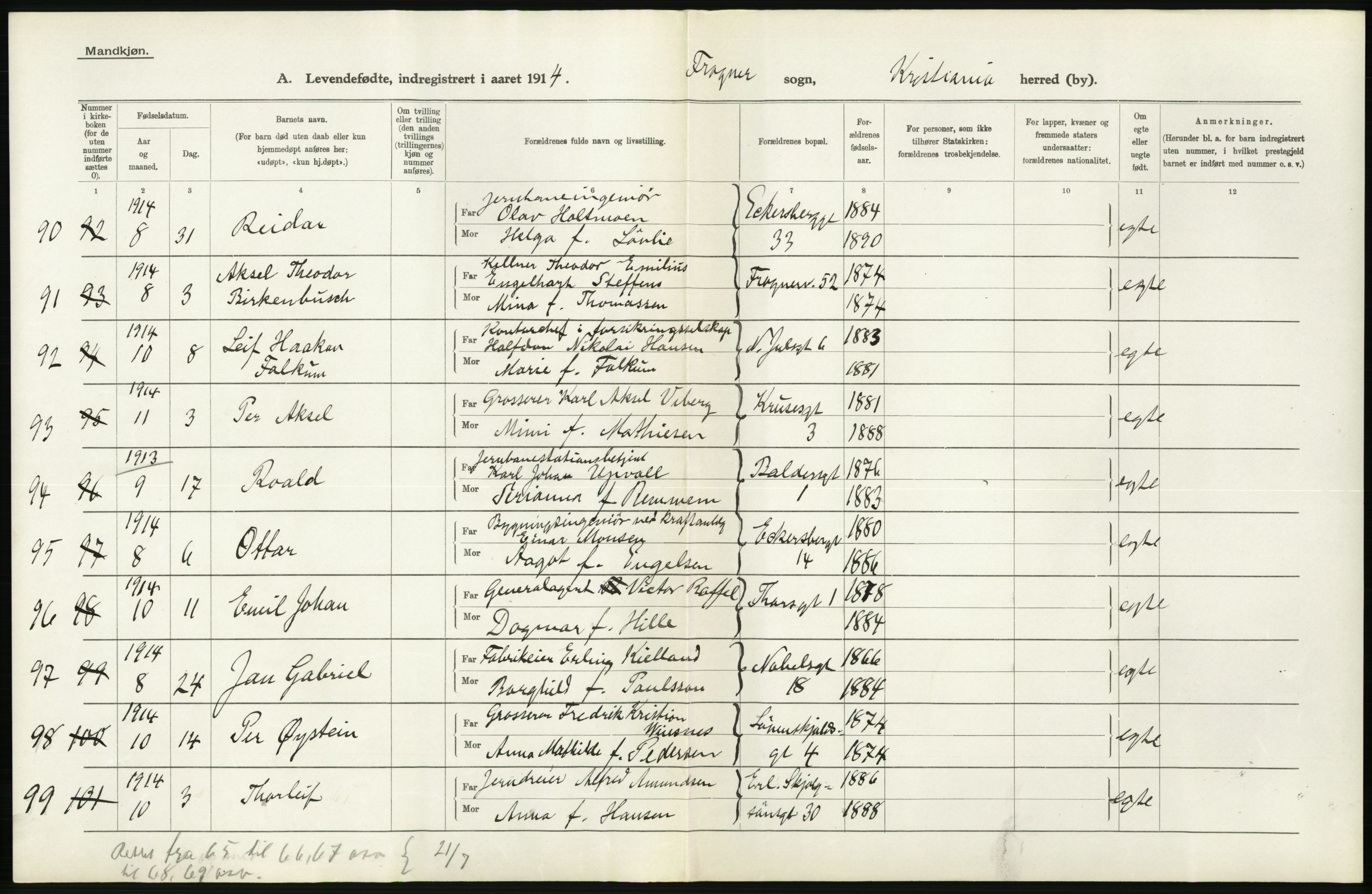 Statistisk sentralbyrå, Sosiodemografiske emner, Befolkning, RA/S-2228/D/Df/Dfb/Dfbd/L0006: Kristiania: Levendefødte menn og kvinner., 1914, p. 156