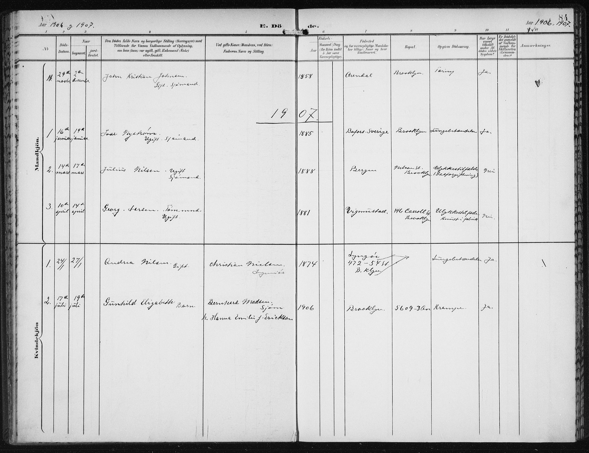 Den norske sjømannsmisjon i utlandet/New York, AV/SAB-SAB/PA-0110/H/Ha/L0005: Parish register (official) no. A 5, 1902-1908, p. 84
