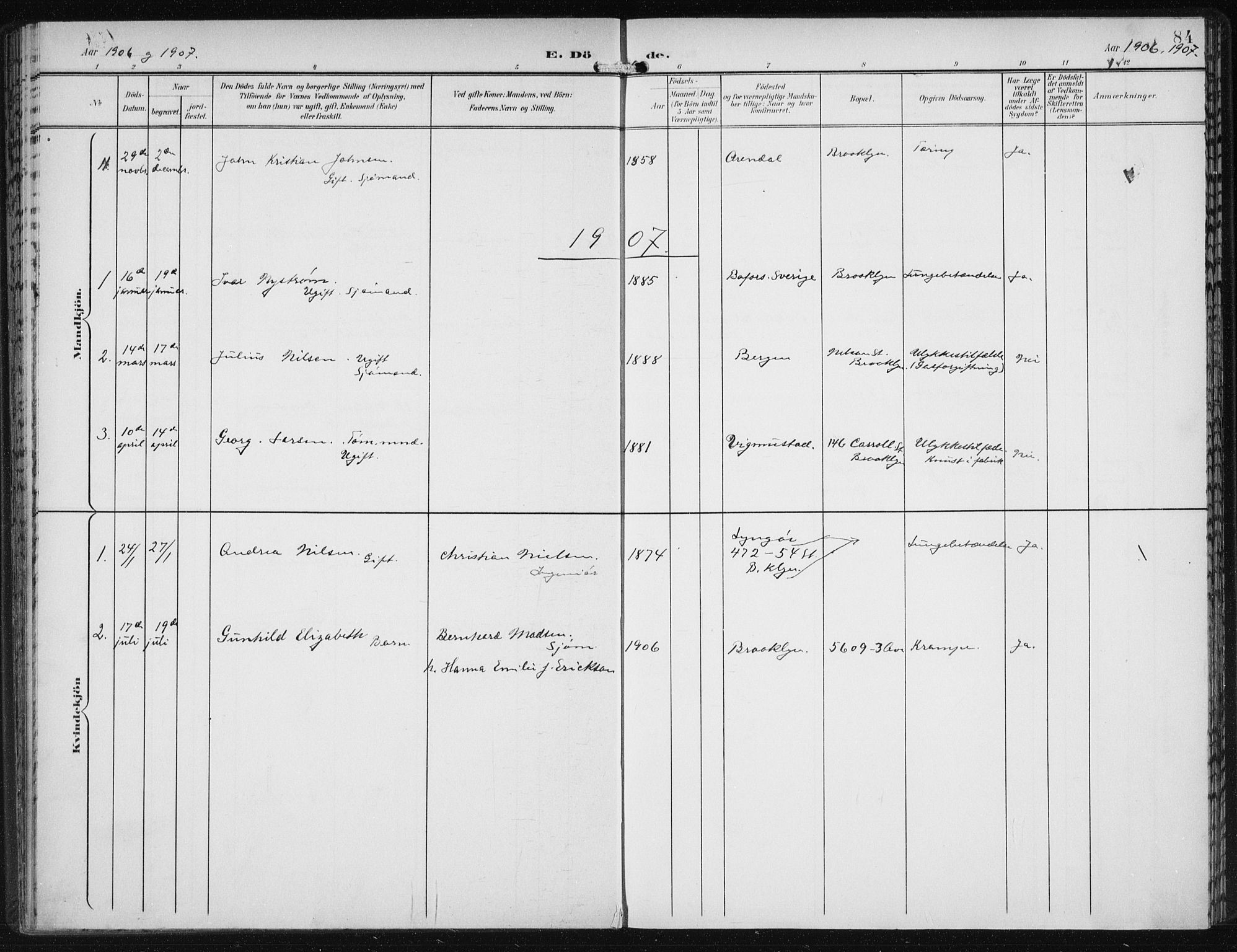 Den norske sjømannsmisjon i utlandet/New York, SAB/SAB/PA-0110/H/Ha/L0005: Parish register (official) no. A 5, 1902-1908, p. 84