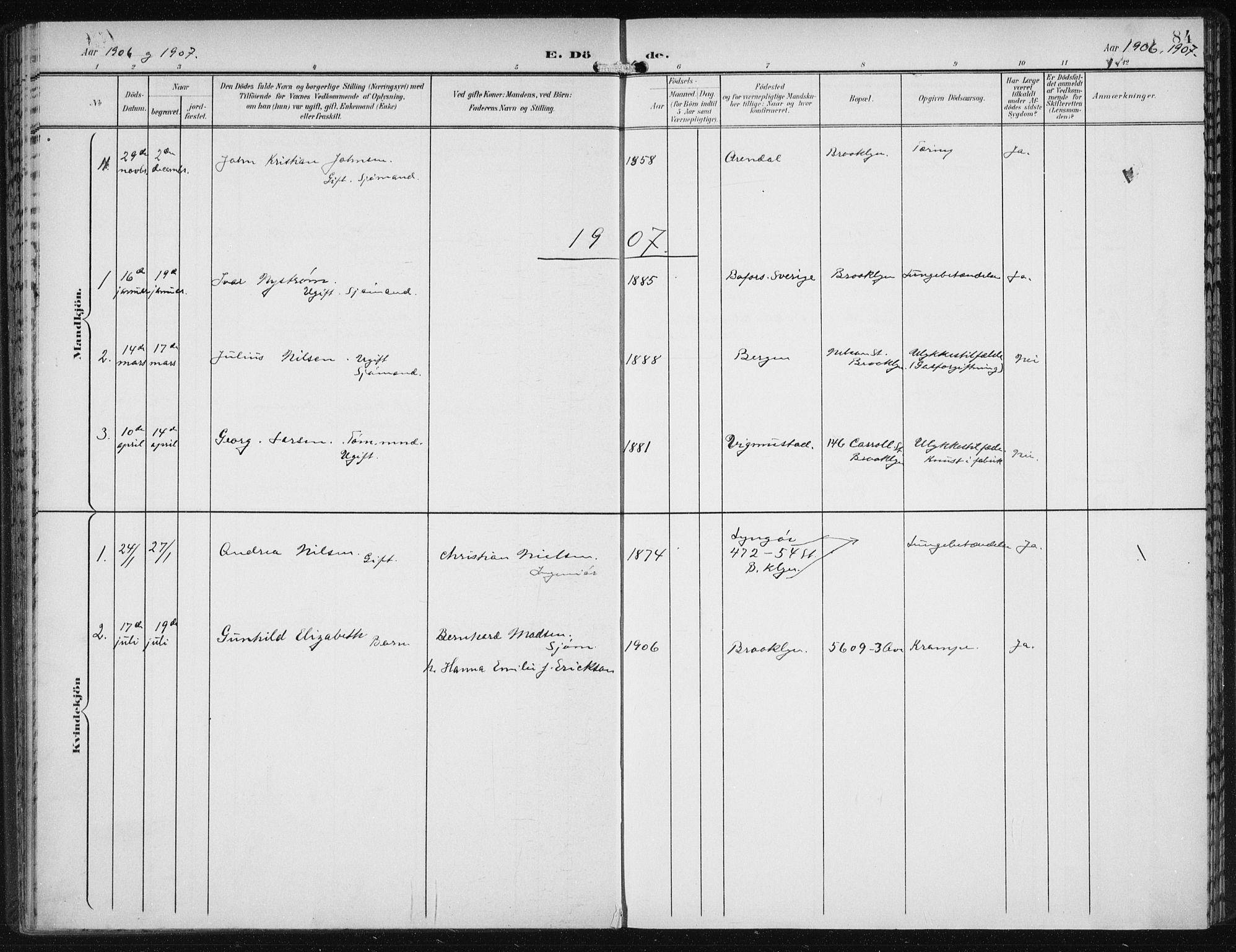 Den norske sjømannsmisjon i utlandet/New York, AV/SAB-SAB/PA-0110/H/Ha/L0005: Parish register (official) no. A 5, 1902-1908, p. 84