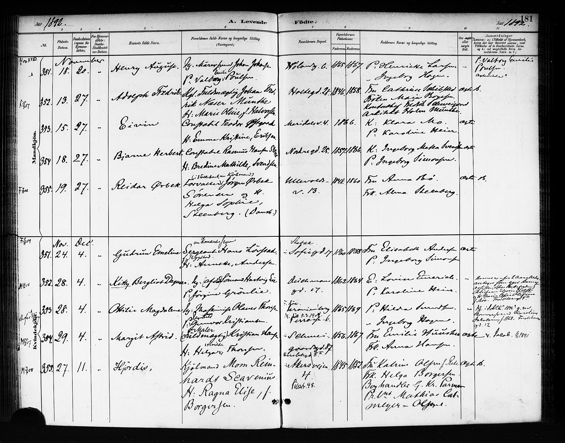 Rikshospitalet prestekontor Kirkebøker, AV/SAO-A-10309b/F/L0008: Parish register (official) no. 8, 1890-1893, p. 181