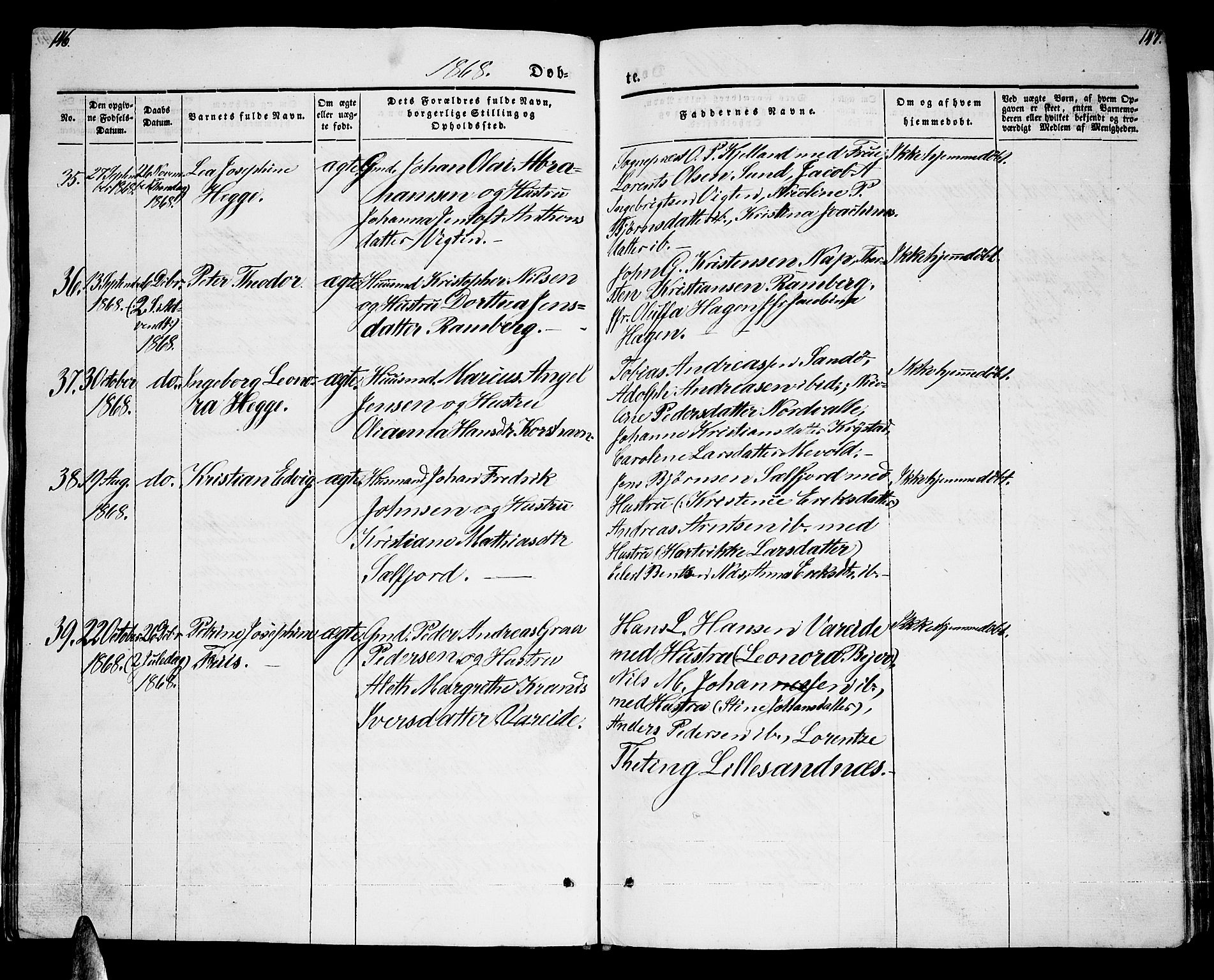 Ministerialprotokoller, klokkerbøker og fødselsregistre - Nordland, AV/SAT-A-1459/885/L1212: Parish register (copy) no. 885C01, 1847-1873, p. 146-147