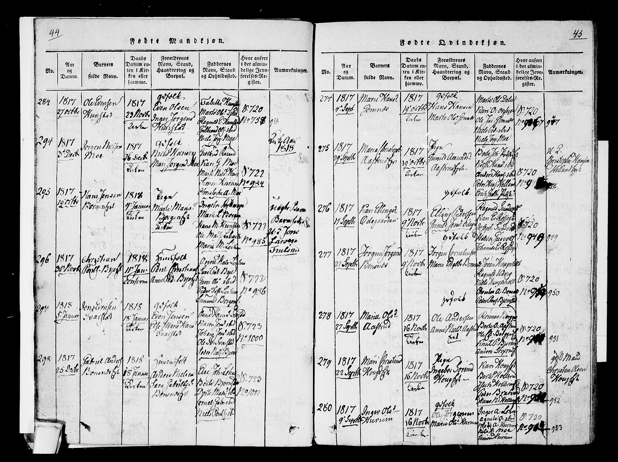 Hole kirkebøker, AV/SAKO-A-228/F/Fa/L0004: Parish register (official) no. I 4, 1814-1833, p. 44-45