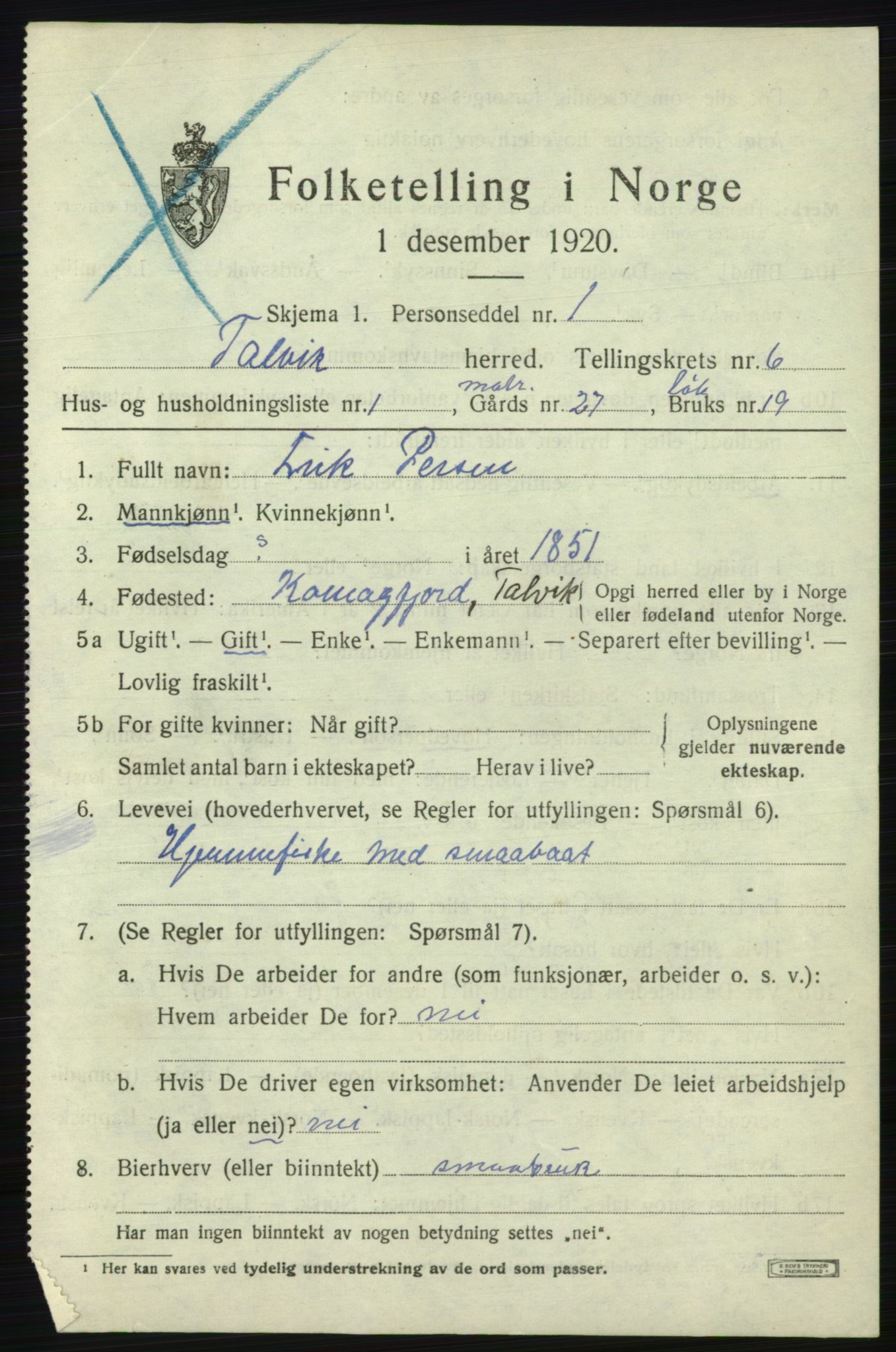 SATØ, 1920 census for Talvik, 1920, p. 3622