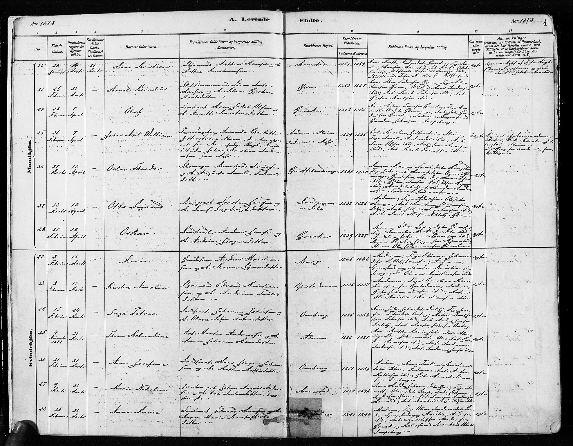 Tune prestekontor Kirkebøker, AV/SAO-A-2007/F/Fa/L0017: Parish register (official) no. 17, 1878-1887, p. 4