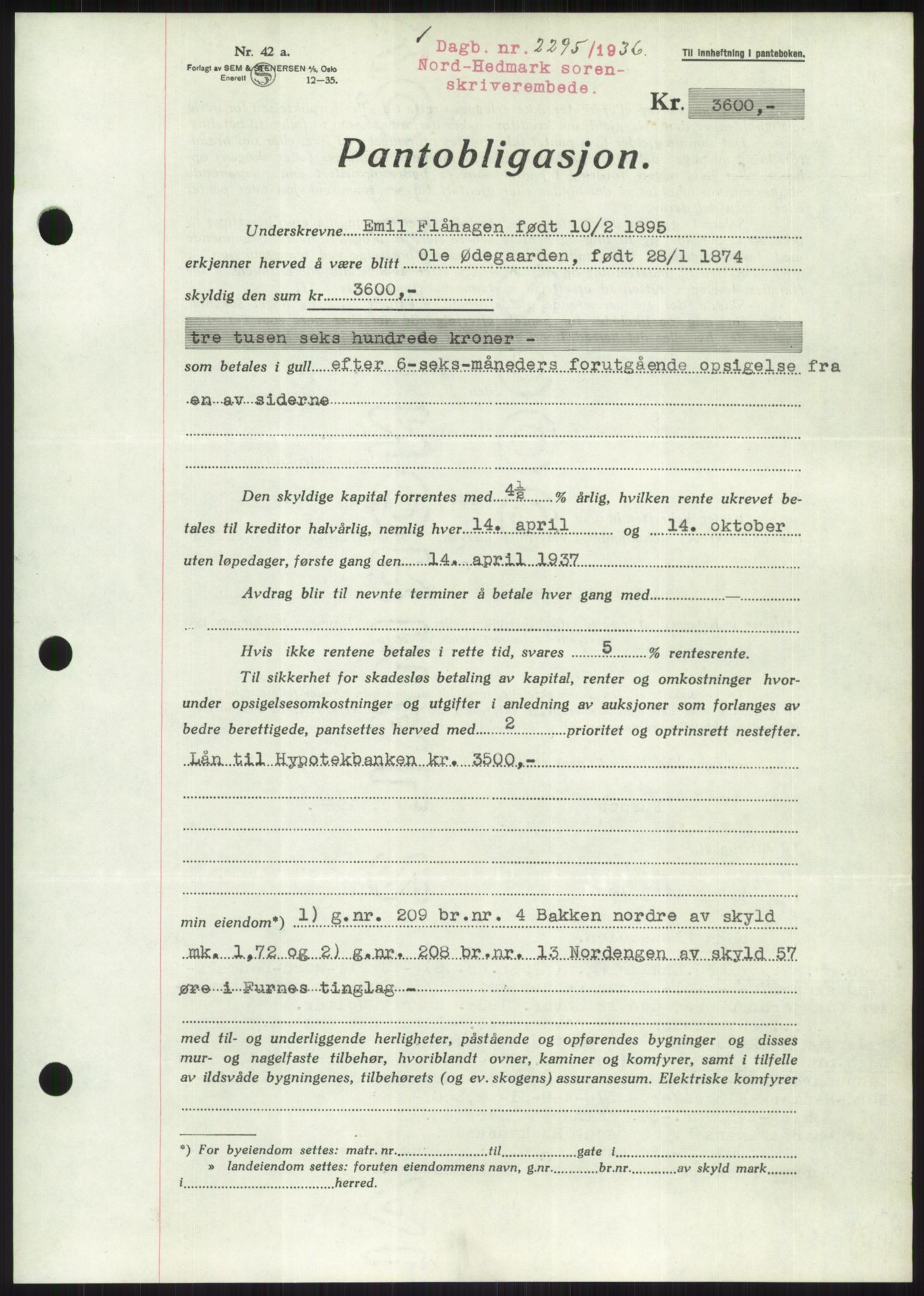 Nord-Hedmark sorenskriveri, SAH/TING-012/H/Hb/Hbf/L0001: Mortgage book no. B1, 1936-1936, Diary no: : 2295/1936