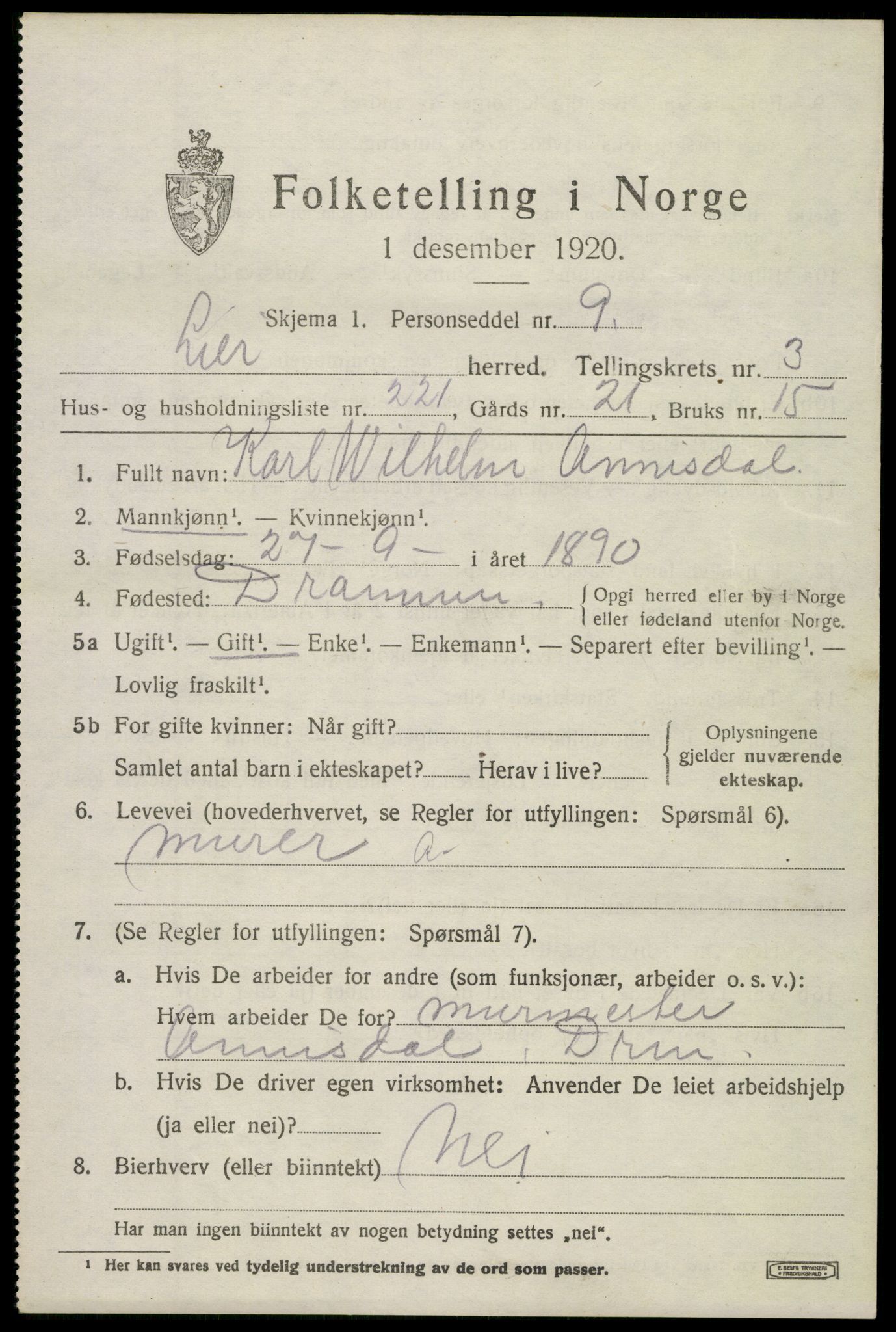 SAKO, 1920 census for Lier, 1920, p. 10590