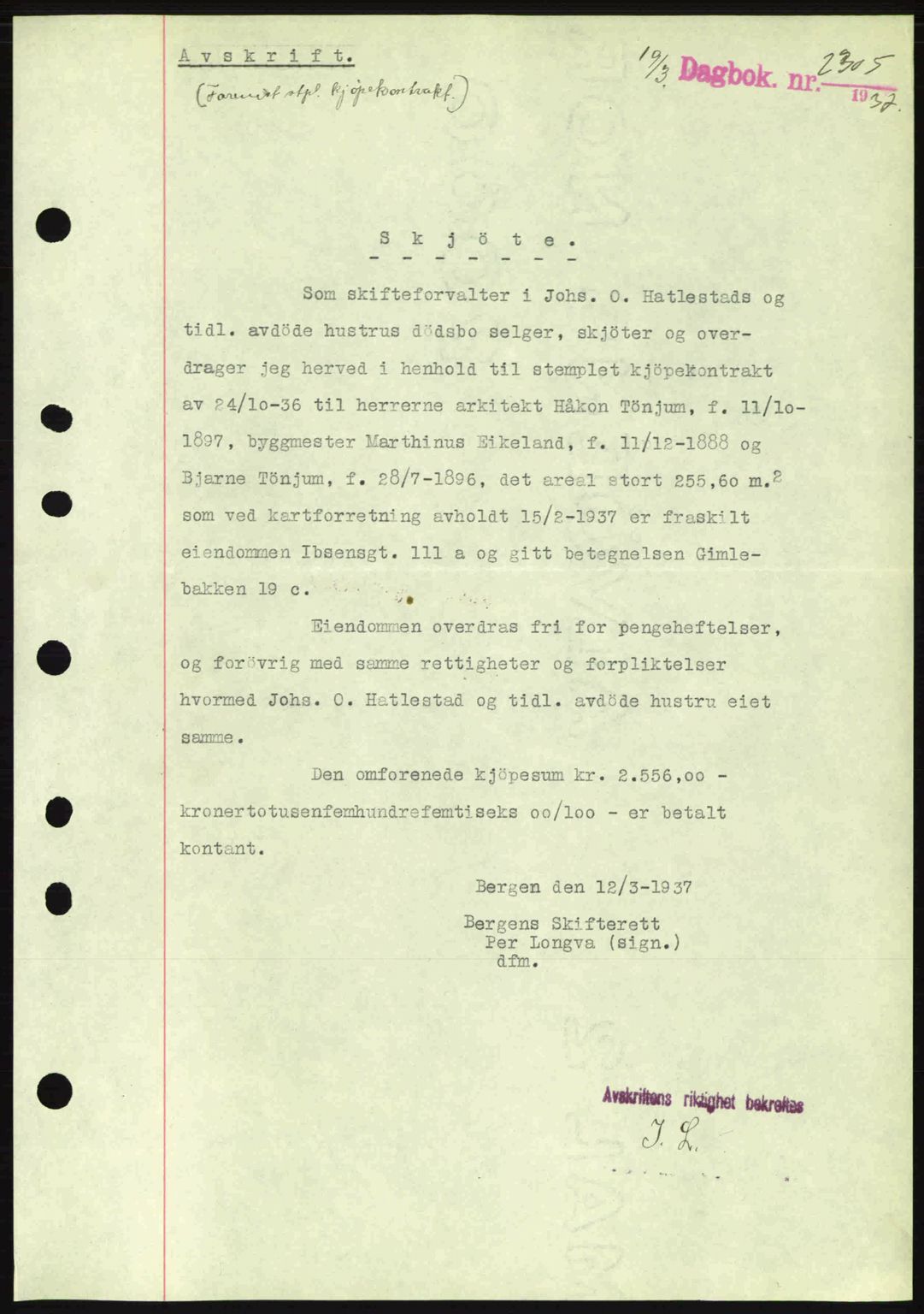 Byfogd og Byskriver i Bergen, SAB/A-3401/03/03Bc/L0004: Mortgage book no. A3-4, 1936-1937, Diary no: : 2305/1937