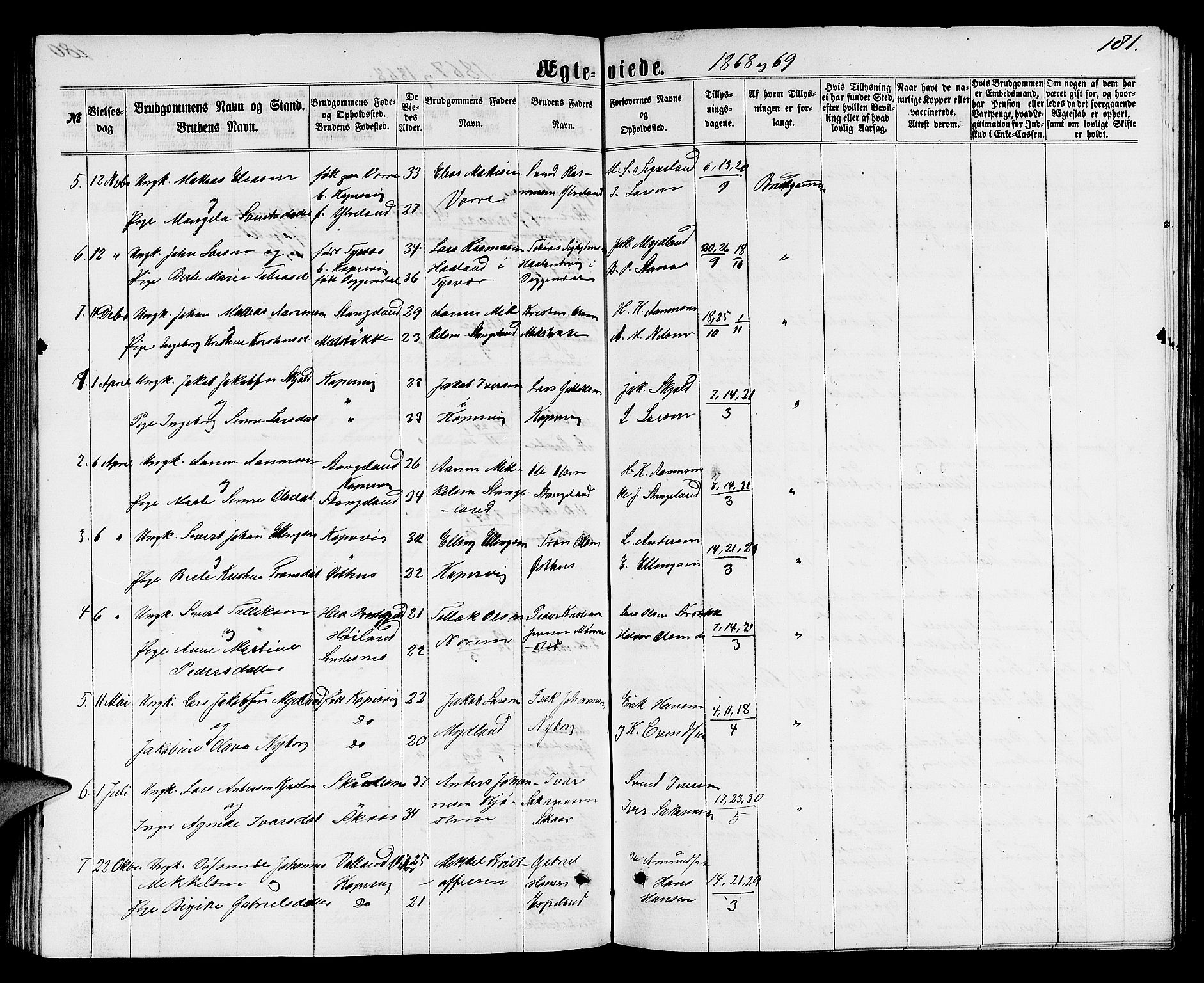 Avaldsnes sokneprestkontor, SAST/A -101851/H/Ha/Hab/L0004: Parish register (copy) no. B 4, 1861-1876, p. 181