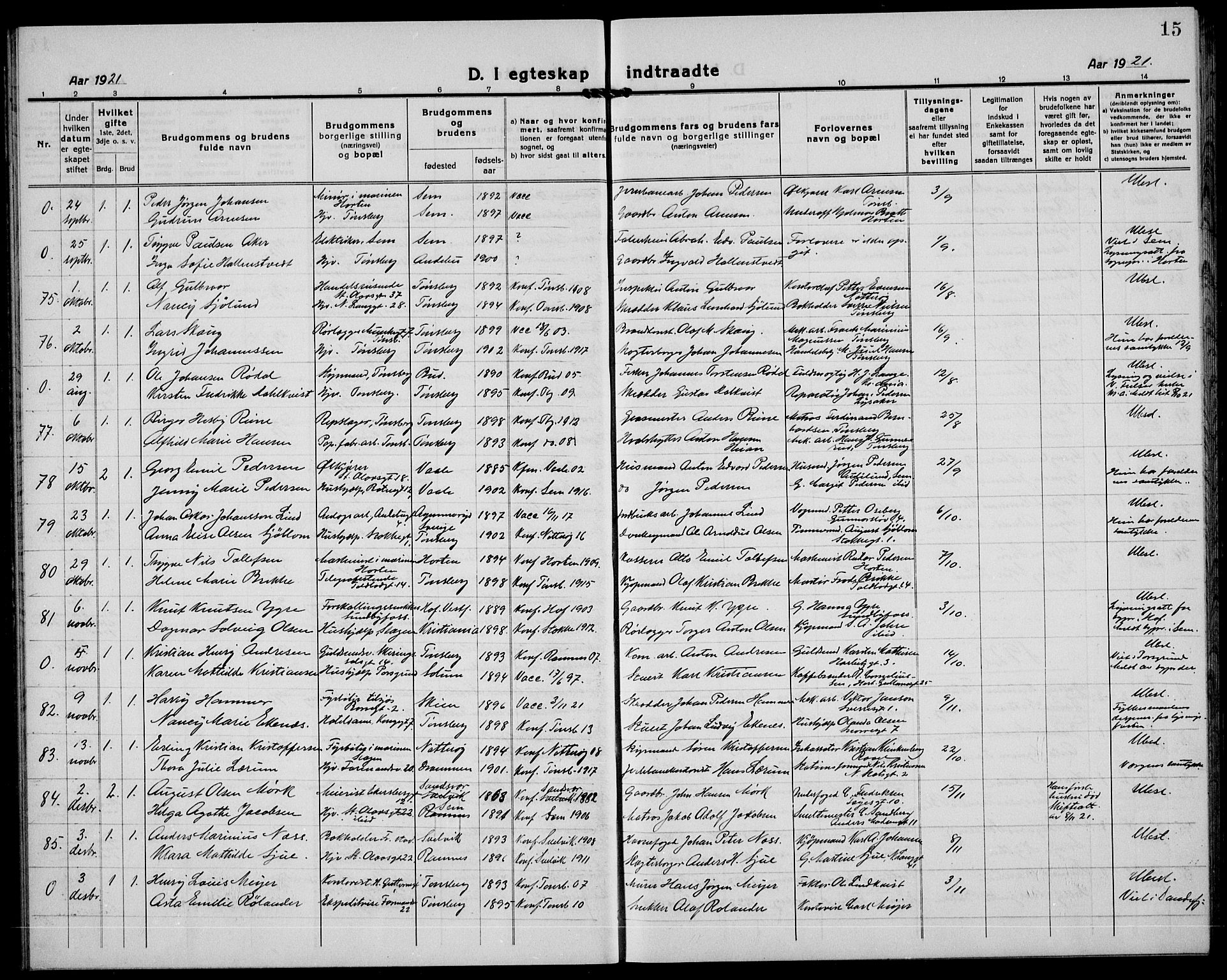 Tønsberg kirkebøker, SAKO/A-330/G/Ga/L0016: Parish register (copy) no. 16, 1920-1933, p. 15