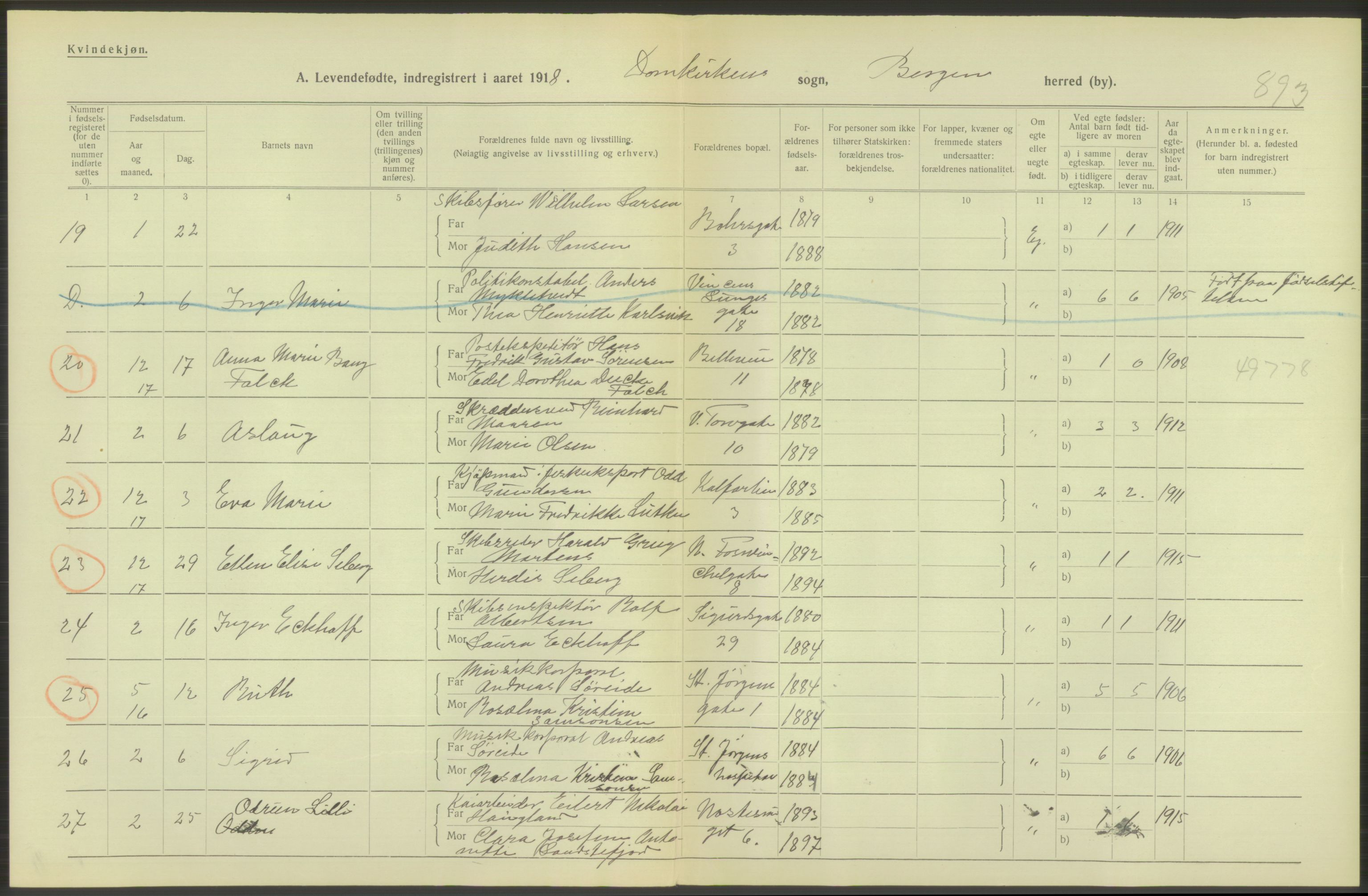 Statistisk sentralbyrå, Sosiodemografiske emner, Befolkning, AV/RA-S-2228/D/Df/Dfb/Dfbh/L0037: Bergen: Levendefødte menn og kvinner., 1918, p. 592