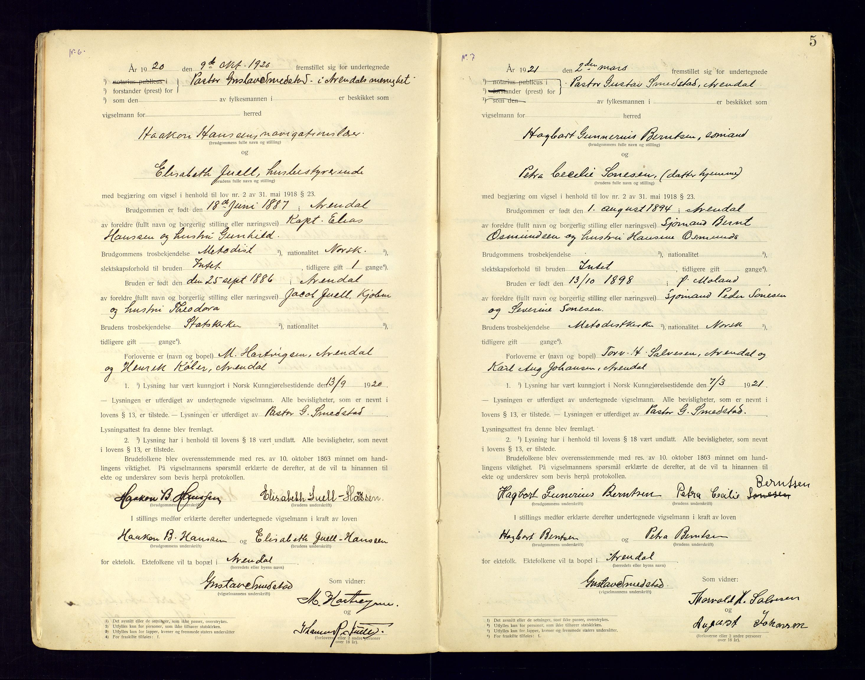 Metodistmenigheten, Arendal, AV/SAK-1292-0011/F/Fc/L0001/0002: Marriage register (dissenter) no. 1.2, 1920-1970, p. 5