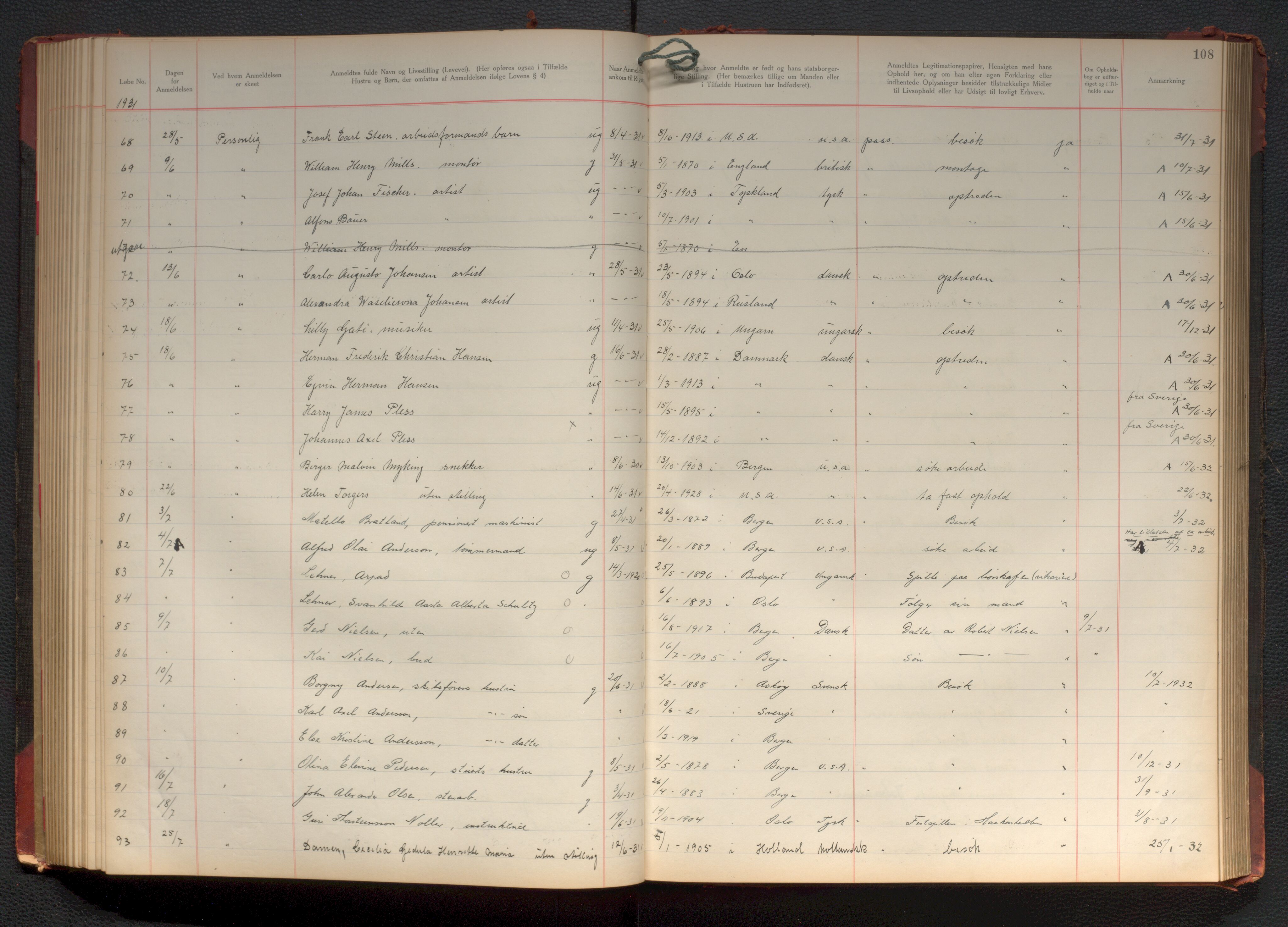 Bergen politikammer / politidistrikt, AV/SAB-A-60401/J.d/L0004: Fremmedprotokoll, 1925-1936, p. 108