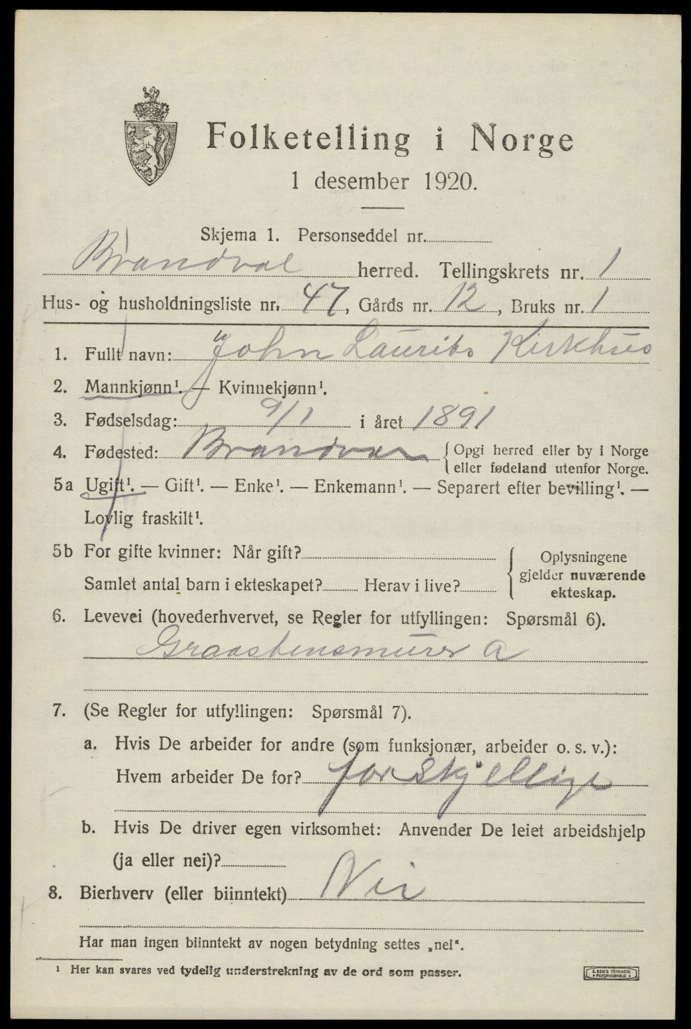 SAH, 1920 census for Brandval, 1920, p. 2124