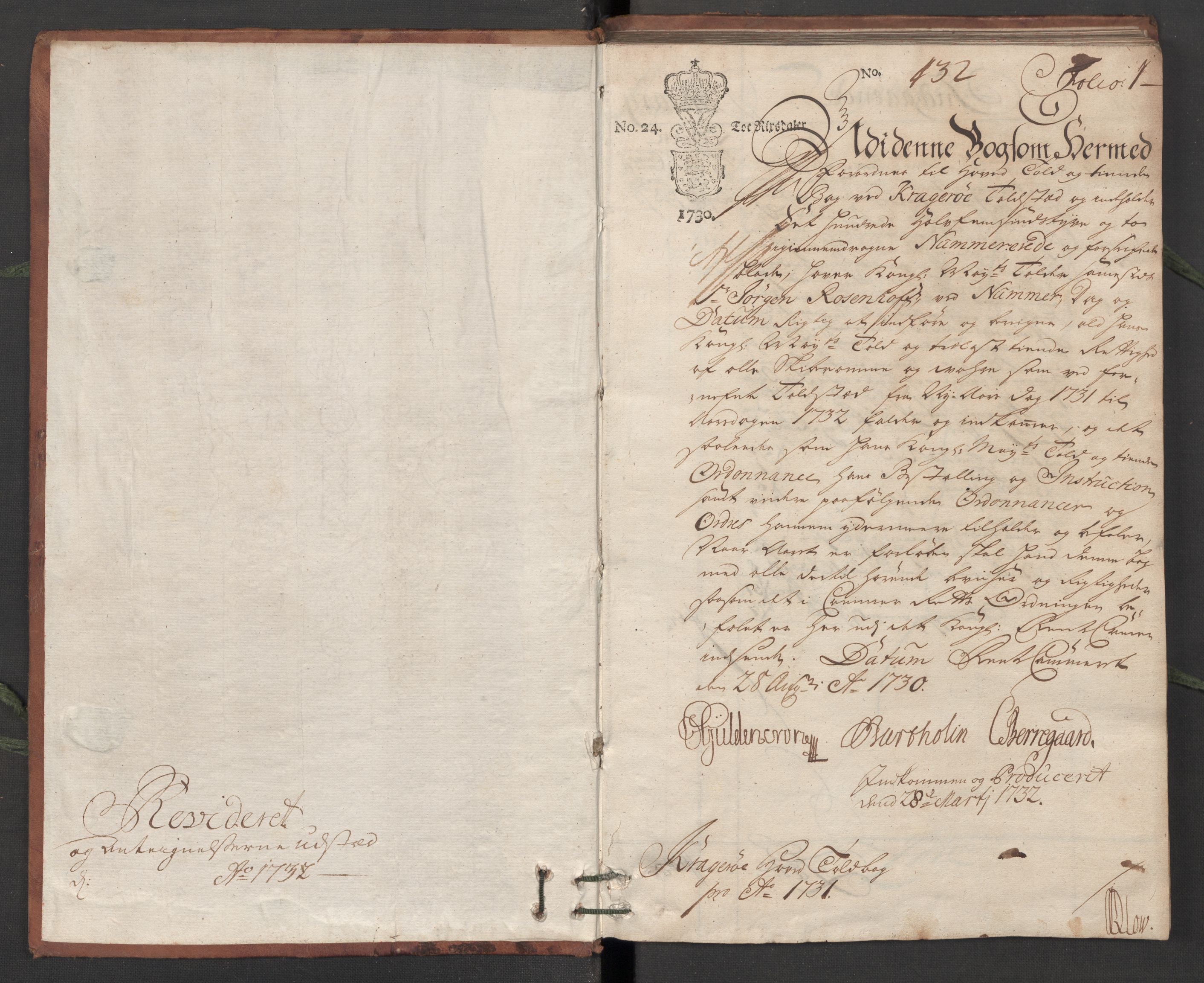 Generaltollkammeret, tollregnskaper, RA/EA-5490/R13/L0006/0001: Tollregnskaper Kragerø / Hovedtollbok, 1731, p. 1a