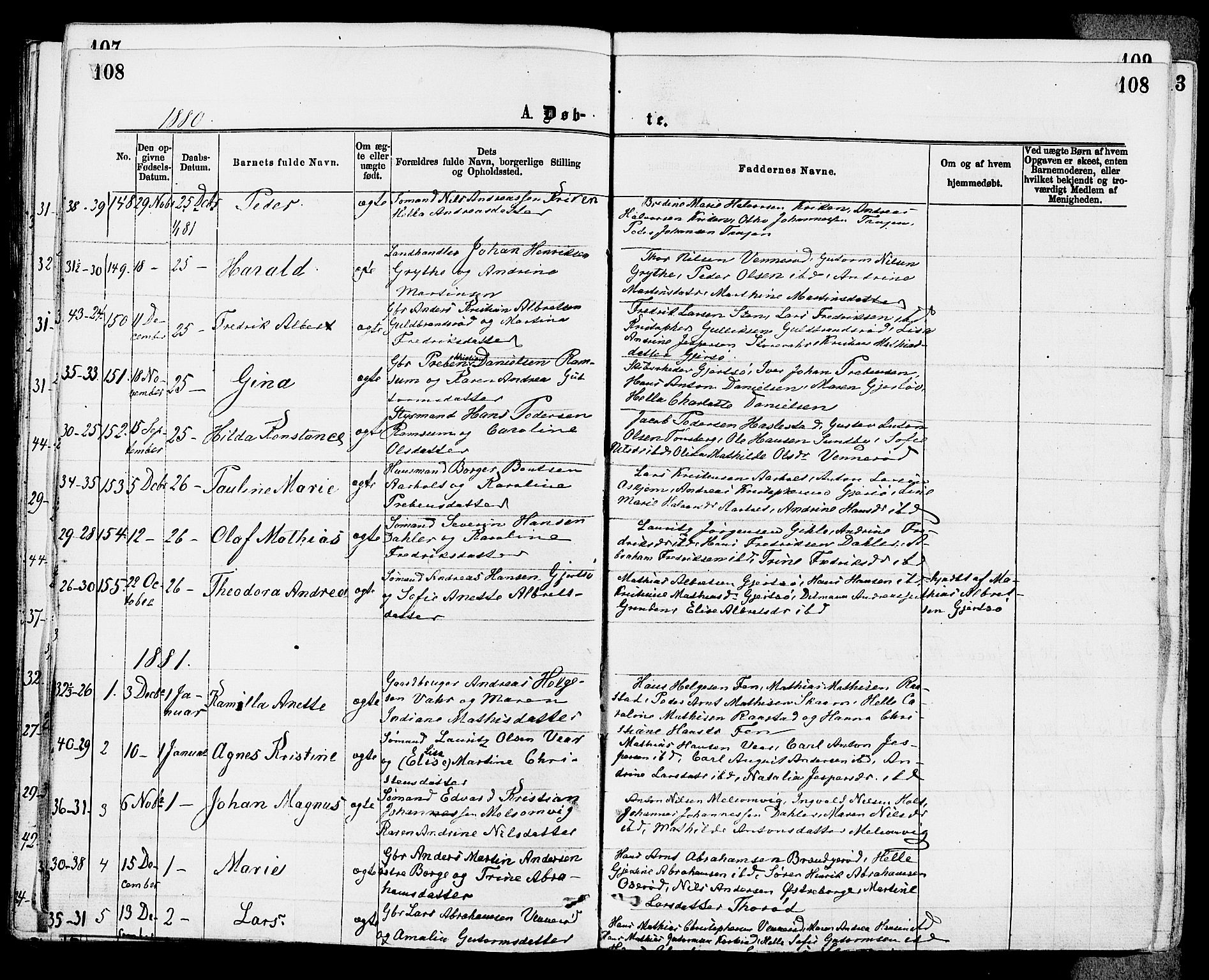 Stokke kirkebøker, SAKO/A-320/F/Fa/L0009: Parish register (official) no. I 9, 1872-1883, p. 108