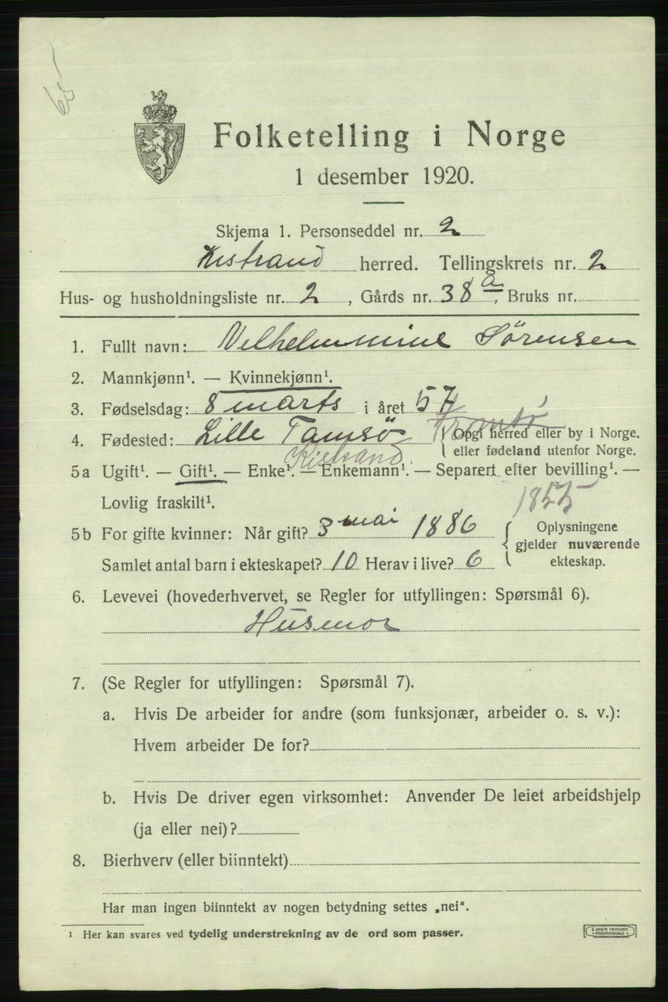 SATØ, 1920 census for Kistrand, 1920, p. 1504