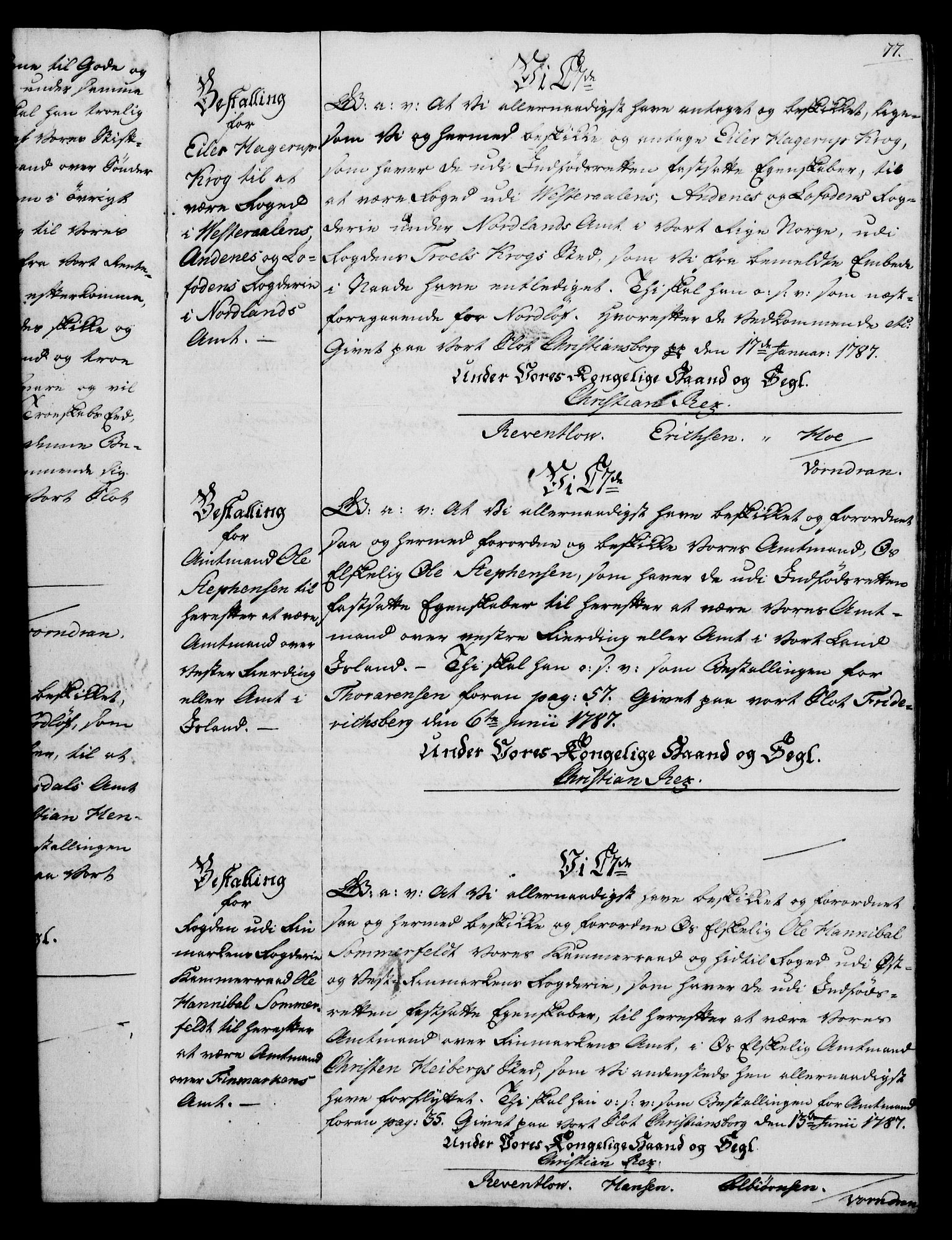Rentekammeret, Kammerkanselliet, RA/EA-3111/G/Gg/Gge/L0006: Norsk bestallingsprotokoll med register (merket RK 53.30), 1773-1814, p. 77